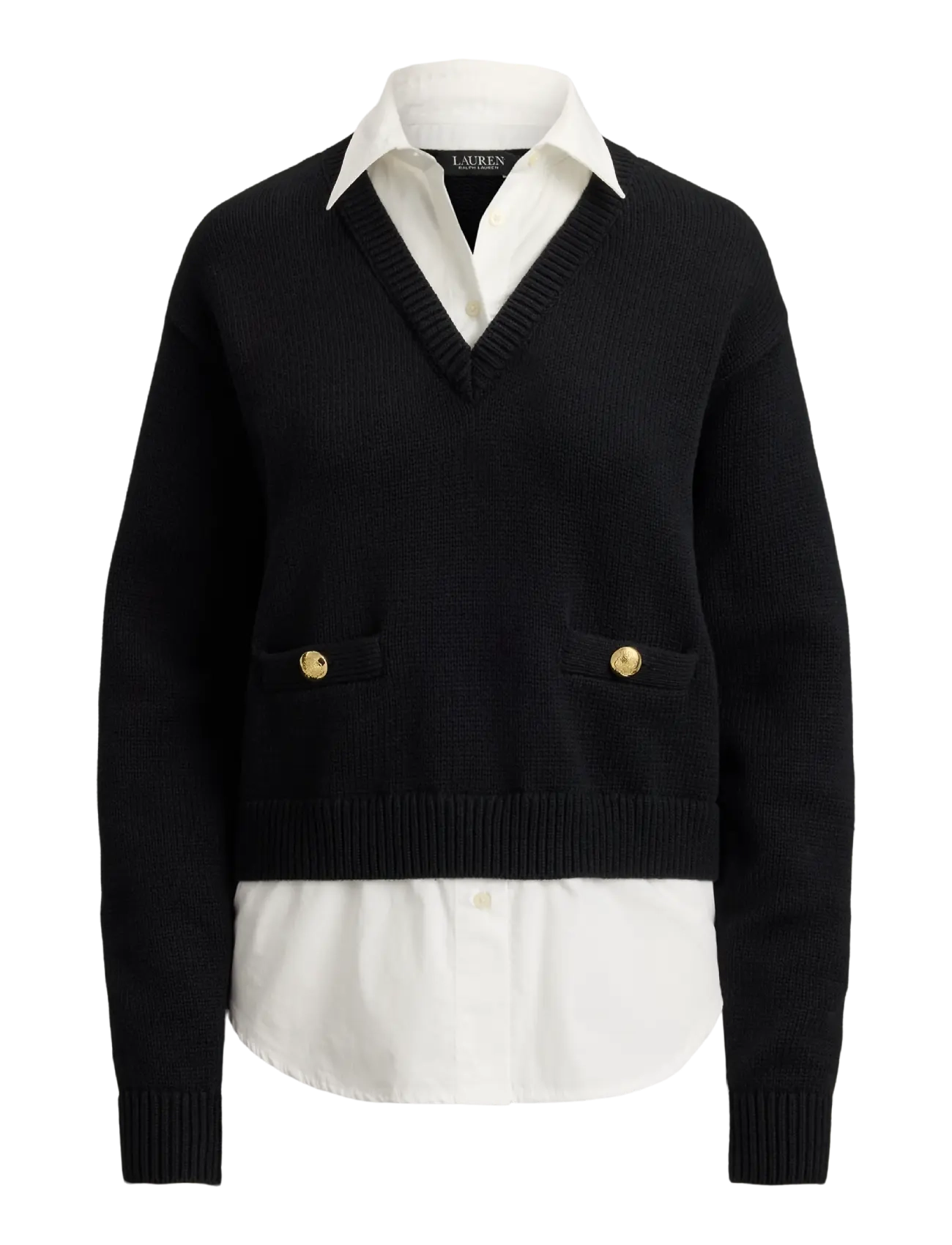Lauren Ralph Lauren Layered Button-Trim Cotton Sweater - Strik - BLACK/WHITE / black