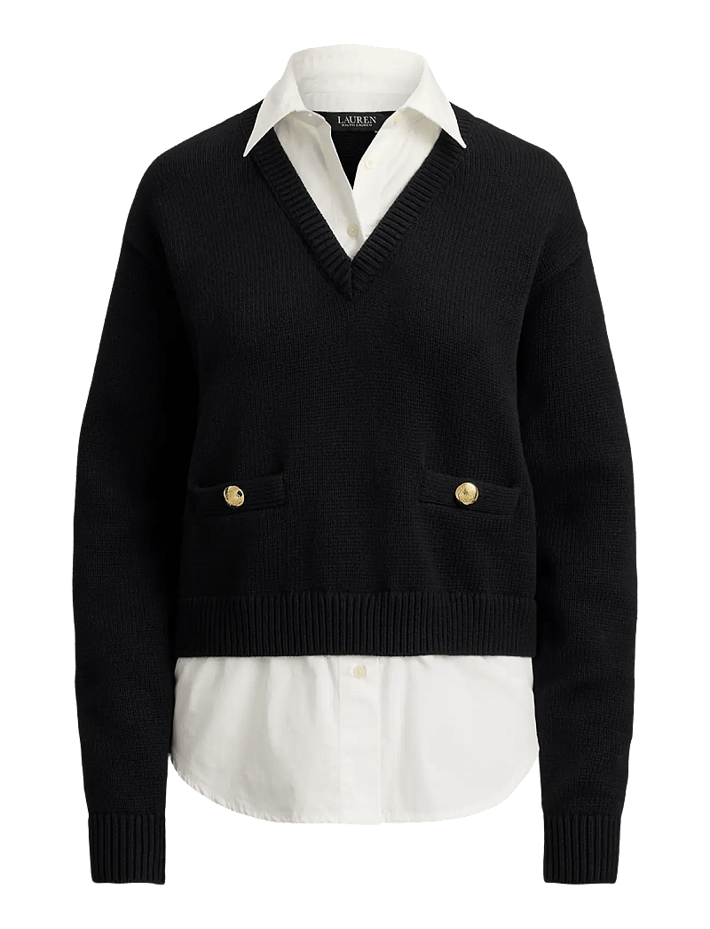 Lauren Ralph Lauren - Layered Button-Trim Cotton Sweater - koszule z długimi rękawami - black/white - 1