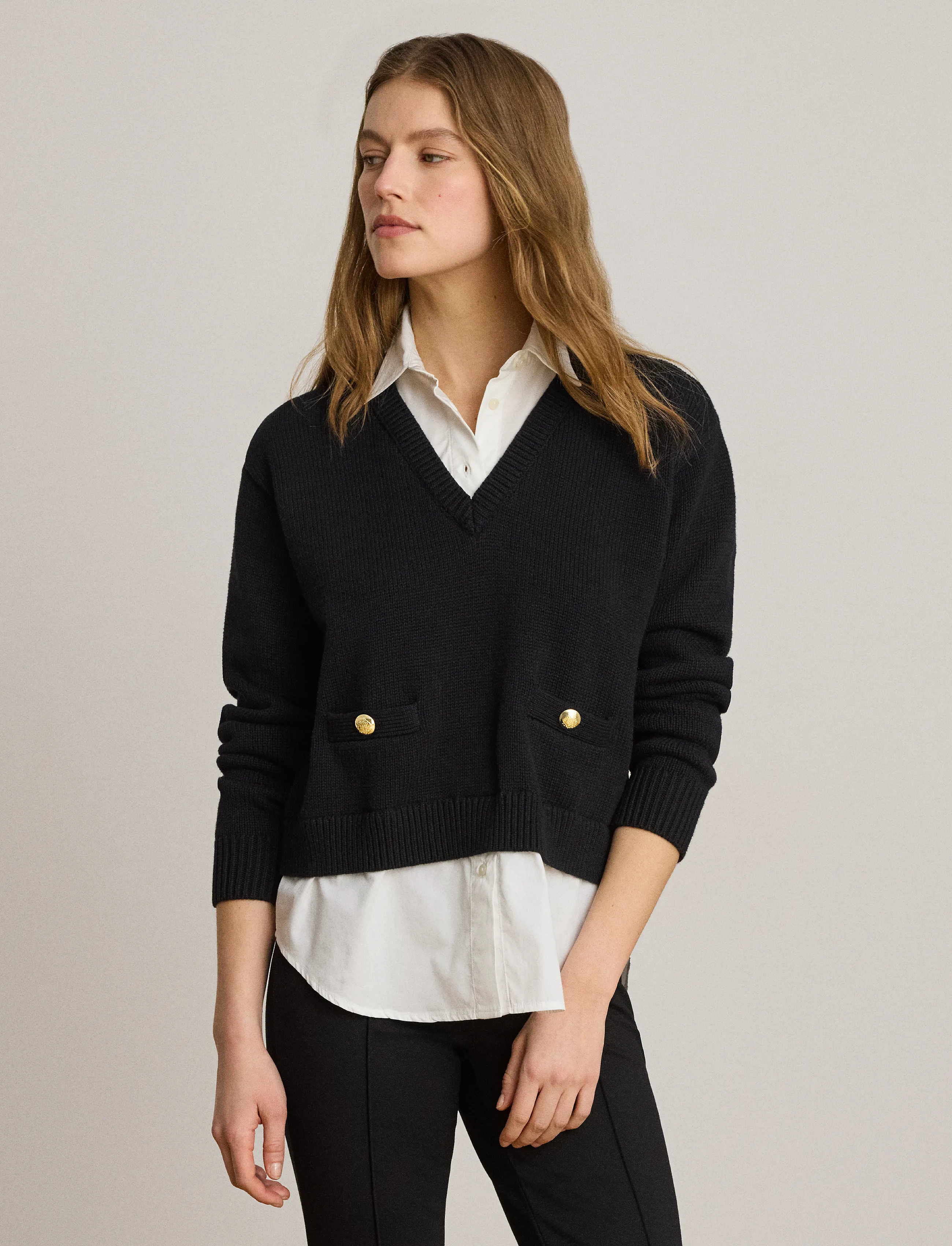 Lauren Ralph Lauren Layered Button-Trim Cotton Sweater, M, Black, Sweatshirts & Hættetrøjer > Sweatshirts, Dame