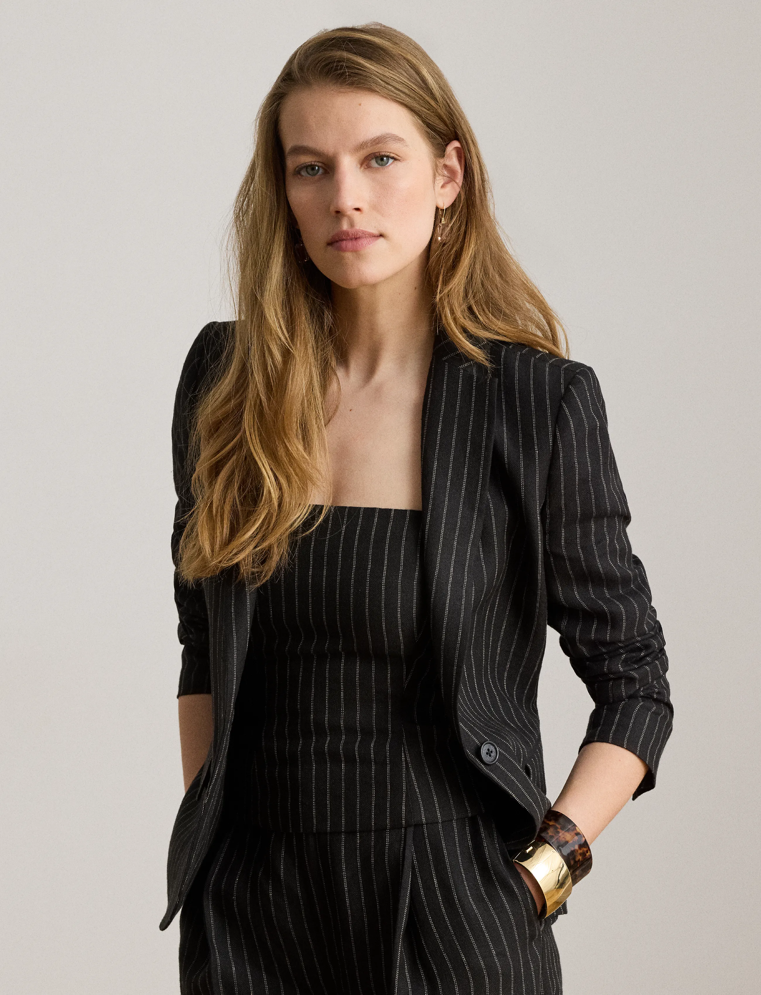 Lauren Ralph Chalk-Stripe Linen Canvas Blazer, 38, Schwarz - Single Breasted Frauen