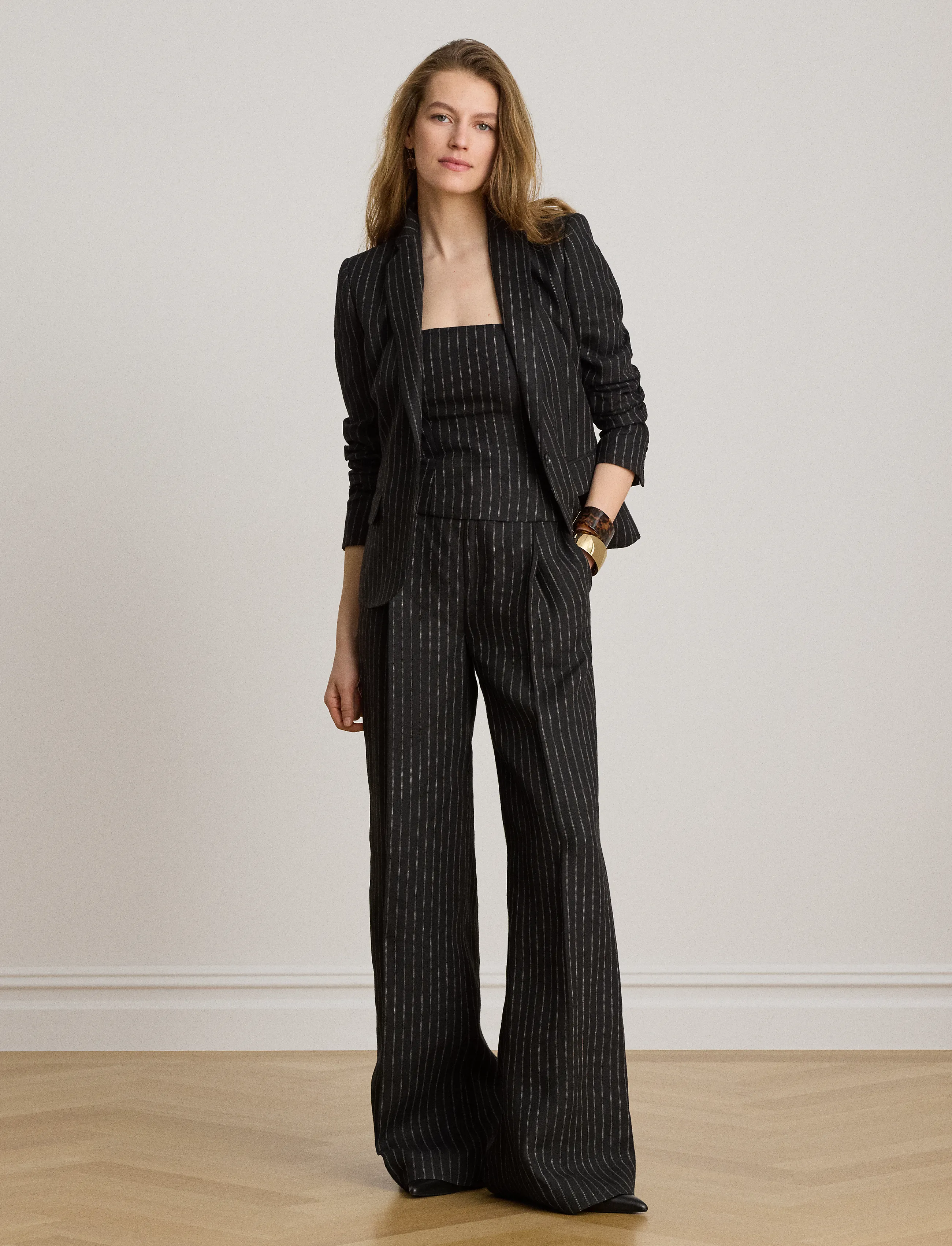 Lauren Ralph Lauren - Chalk-Stripe Linen Canvas Blazer - enkeltradede blazere - black/tan - 4