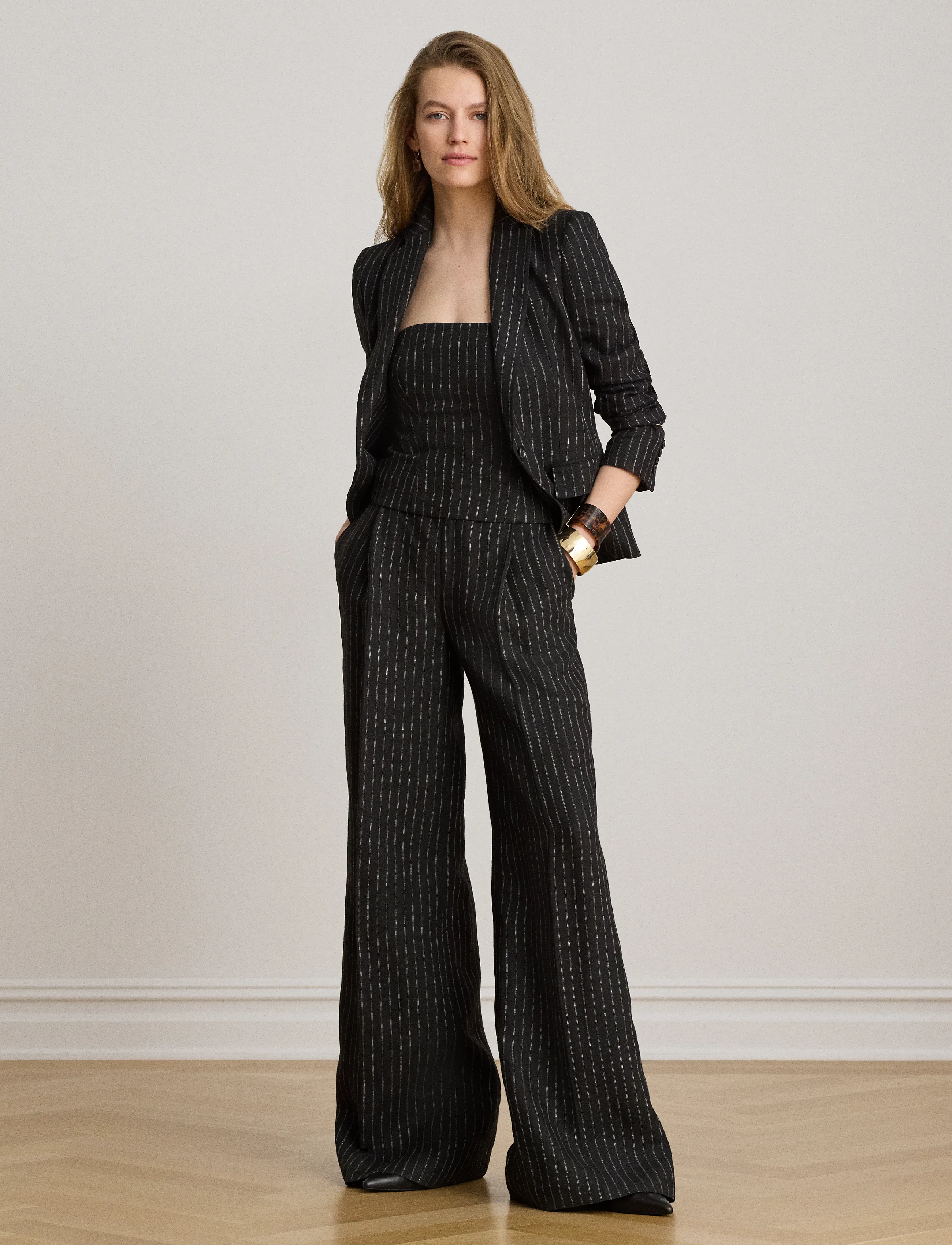 Lauren Ralph Lauren Chalk-Stripe Linen Canvas Wide-Leg Pant, Kvinder, Kridtstribede Vide Ben Bukser, Sort, Str: 42