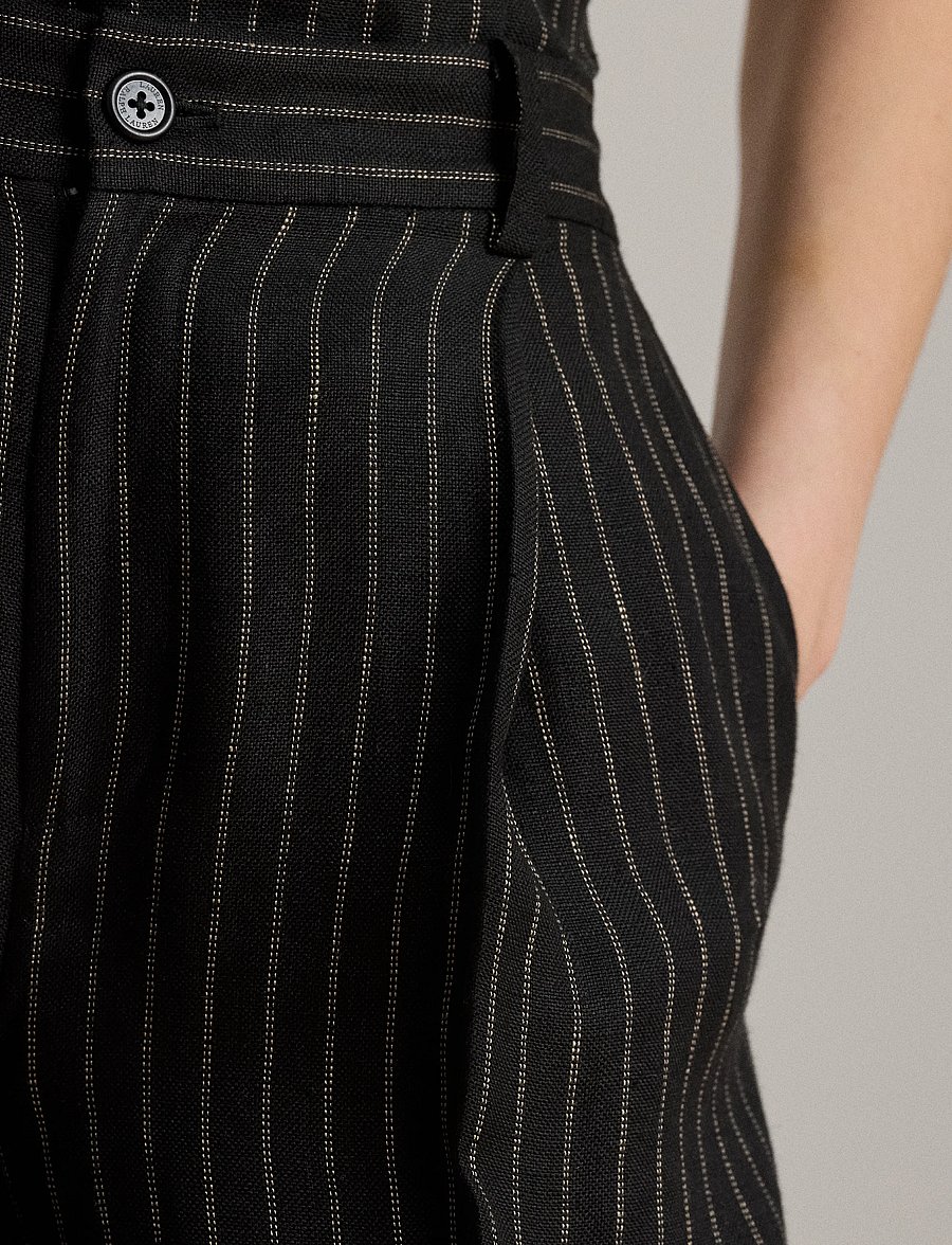 Lauren Ralph Lauren - Chalk-Stripe Linen Canvas Wide-Leg Pant - hosen mit weitem bein - black/tan - 4