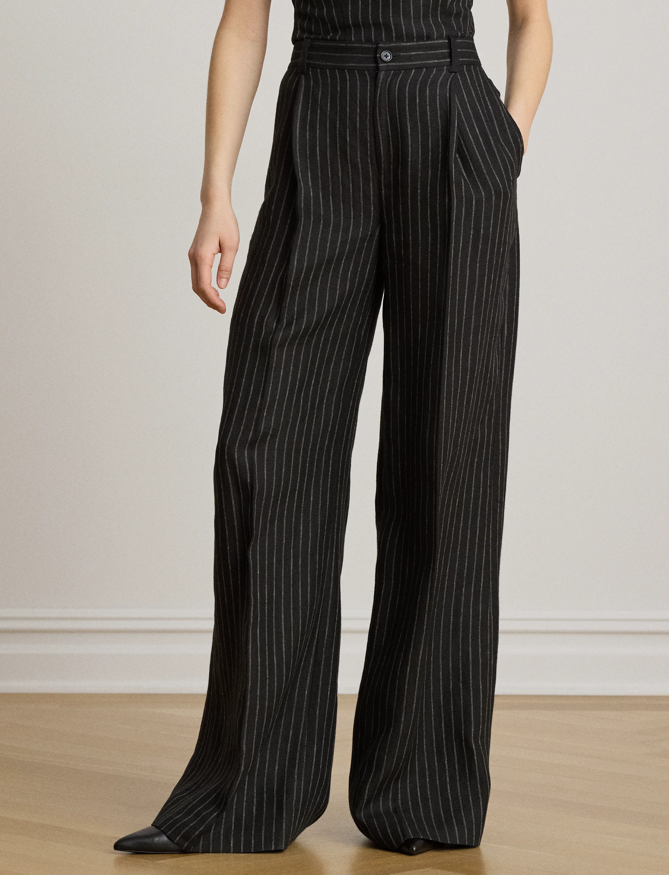 Lauren Ralph Lauren - Chalk-Stripe Linen Canvas Wide-Leg Pant - bukser med brede ben - black/tan - 5