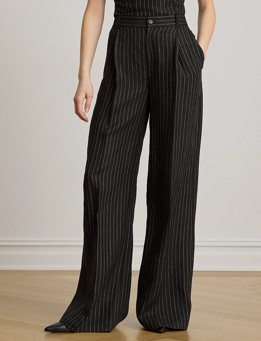 Lauren Ralph Lauren - Chalk-Stripe Linen Canvas Wide-Leg Pant - hosen mit weitem bein - black/tan - 5