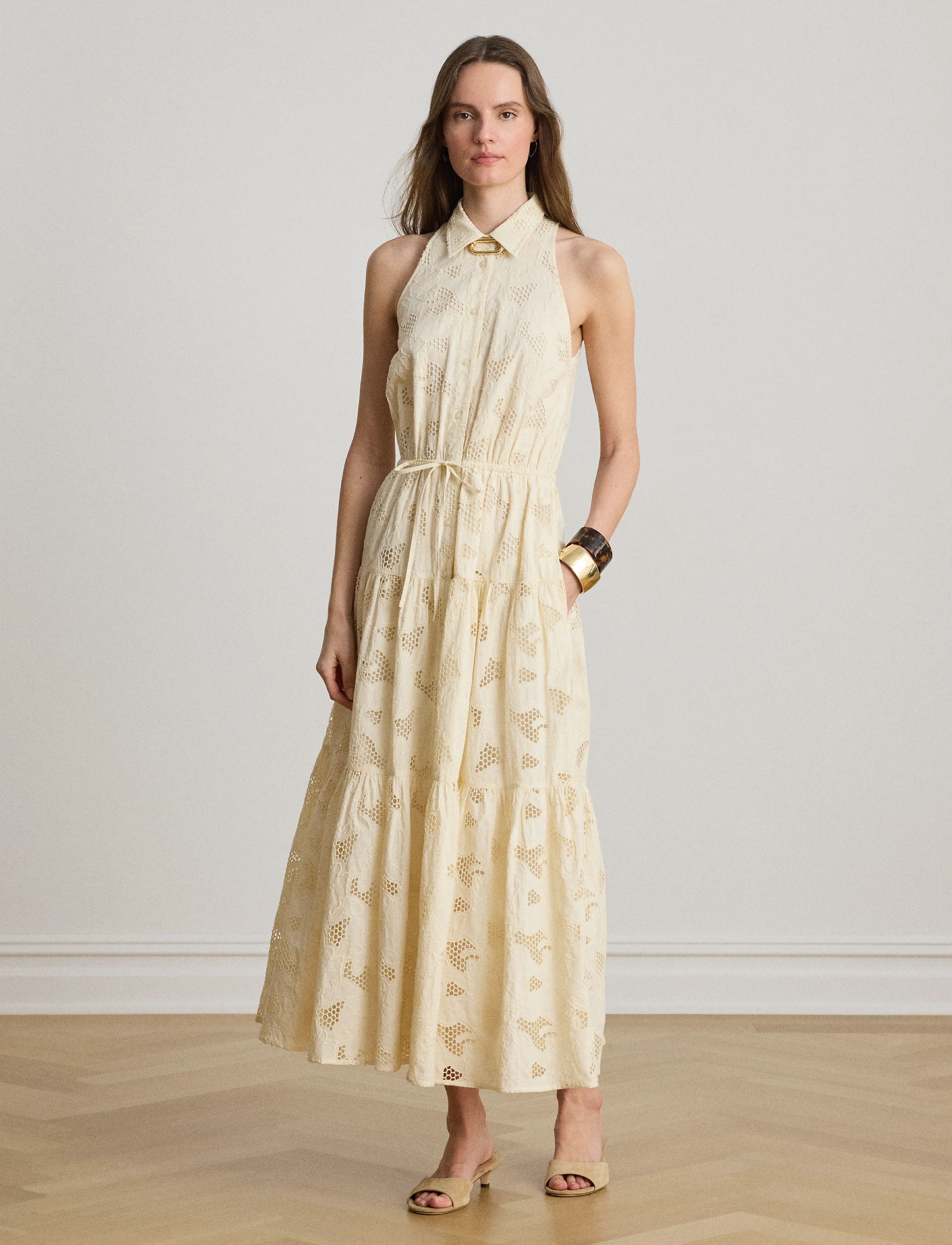 Lauren Ralph Floral-Eyelet Voile Tiered Shirtdress, 42, Dresses, Creme - Shirt Frauen