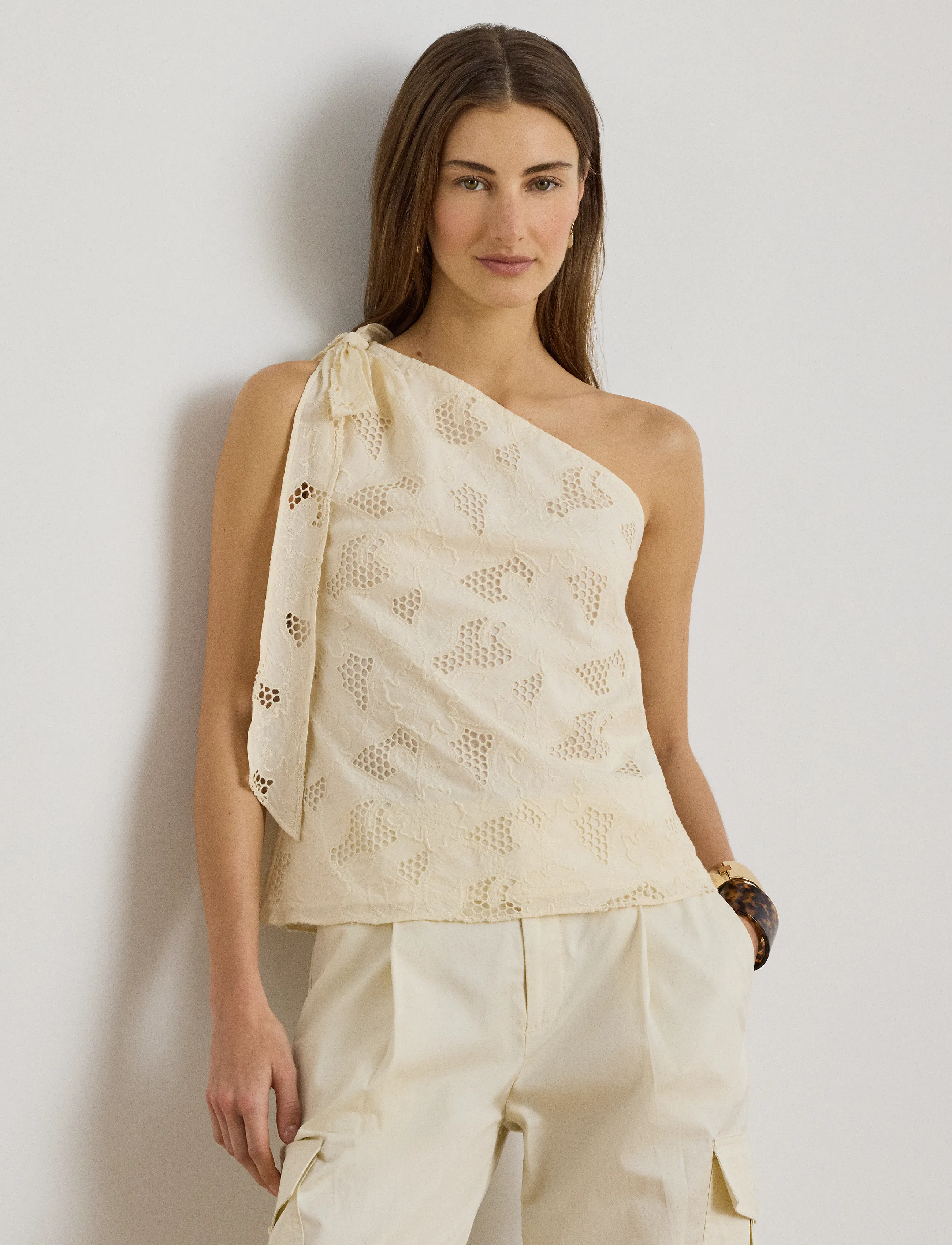 Lauren Ralph Lauren Floral-Eyelet Voile One-Shoulder Blouse, 34, Cream, Bluser > Uden Ærmer, Dame