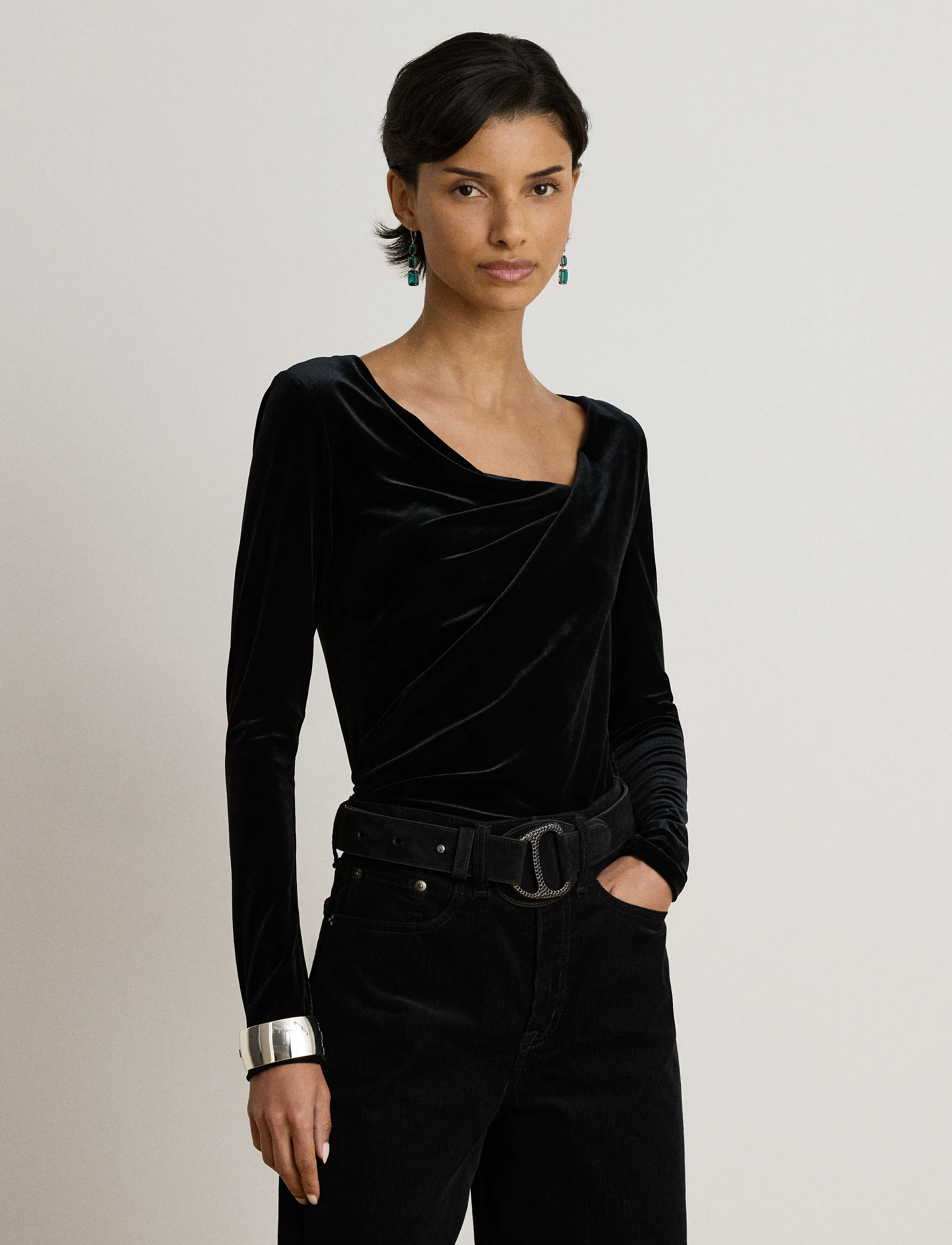 Lauren Ralph Lauren - Pleated Velvet Asymmetrical Top - black velvet - 1