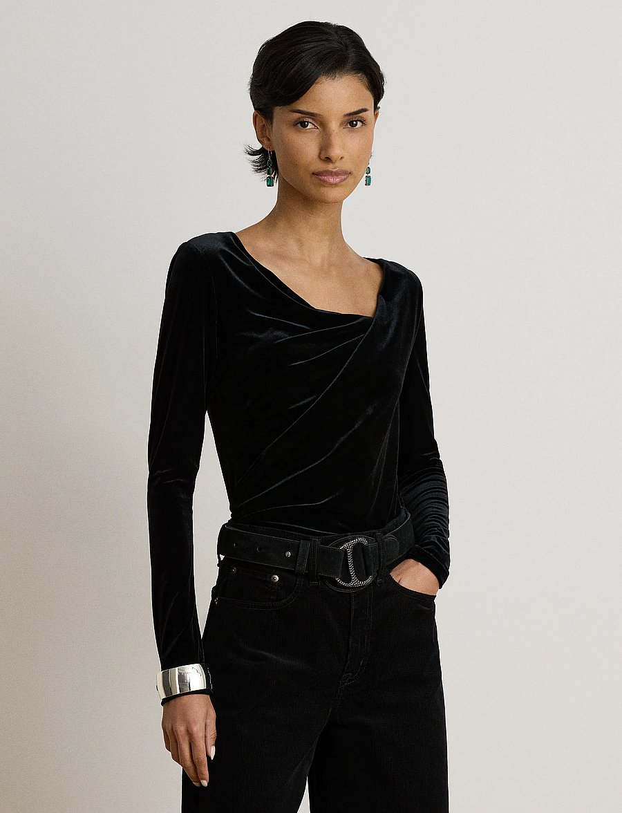 Lauren Ralph Lauren - Pleated Velvet Asymmetrical Top - langærmede toppe - black velvet - 1