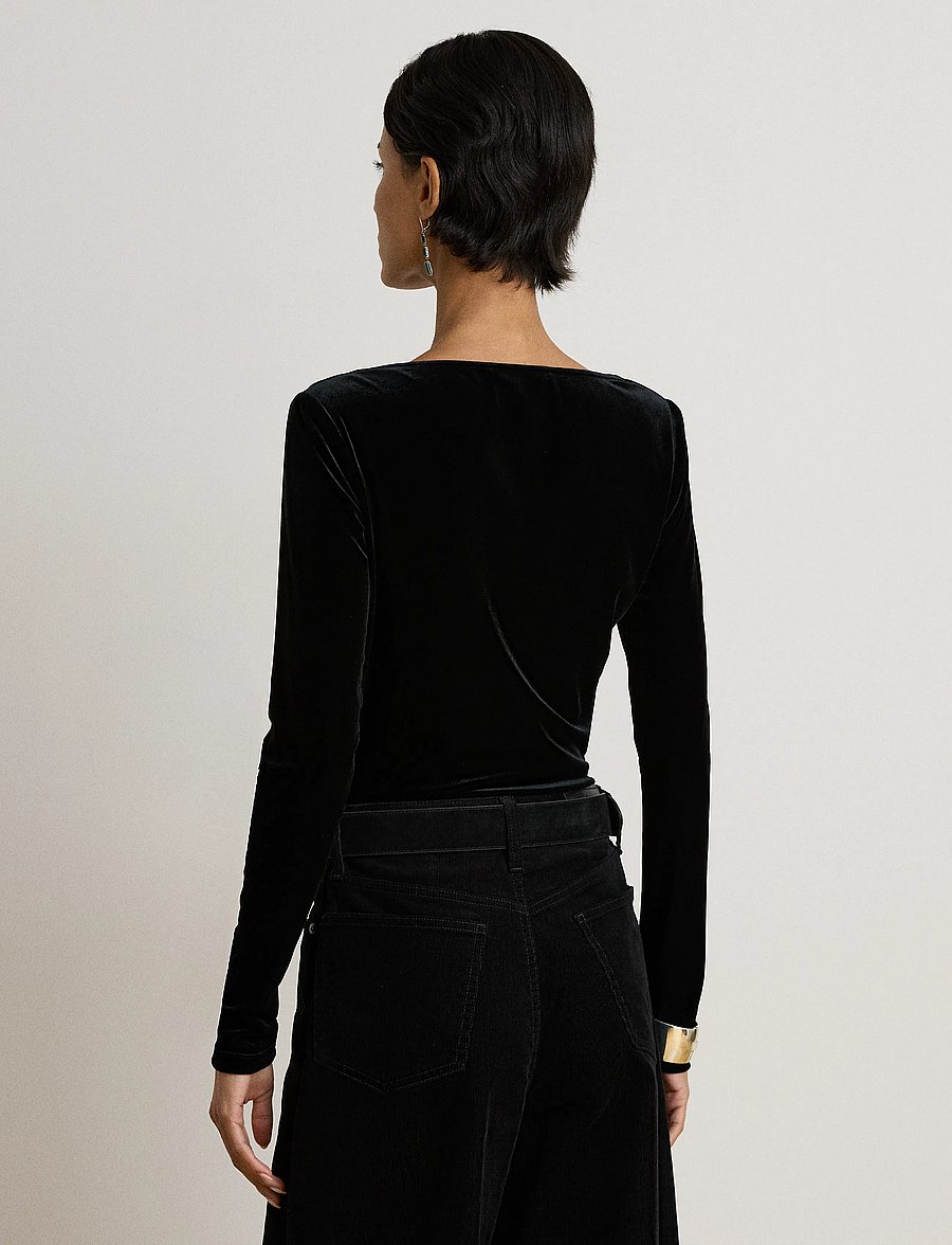 Lauren Ralph Lauren - Pleated Velvet Asymmetrical Top - langærmede toppe - black velvet - 4
