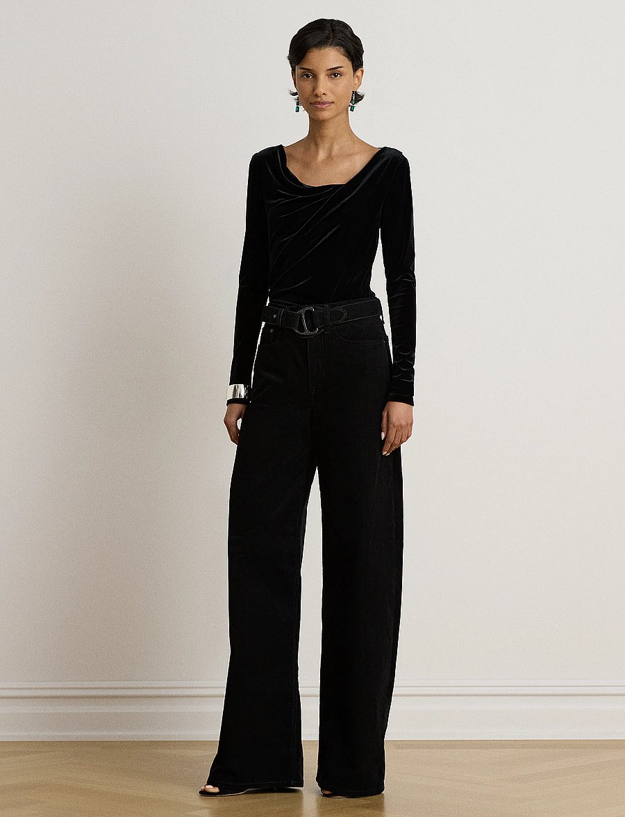 Lauren Ralph Lauren - Pleated Velvet Asymmetrical Top - langærmede toppe - black velvet - 5