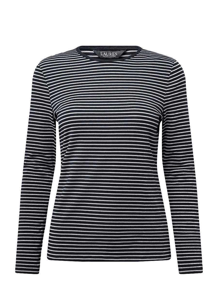 Lauren Ralph Lauren - Striped Cotton-Blend Long-Sleeve Tee - langärmlige tops - black/pewter - 1