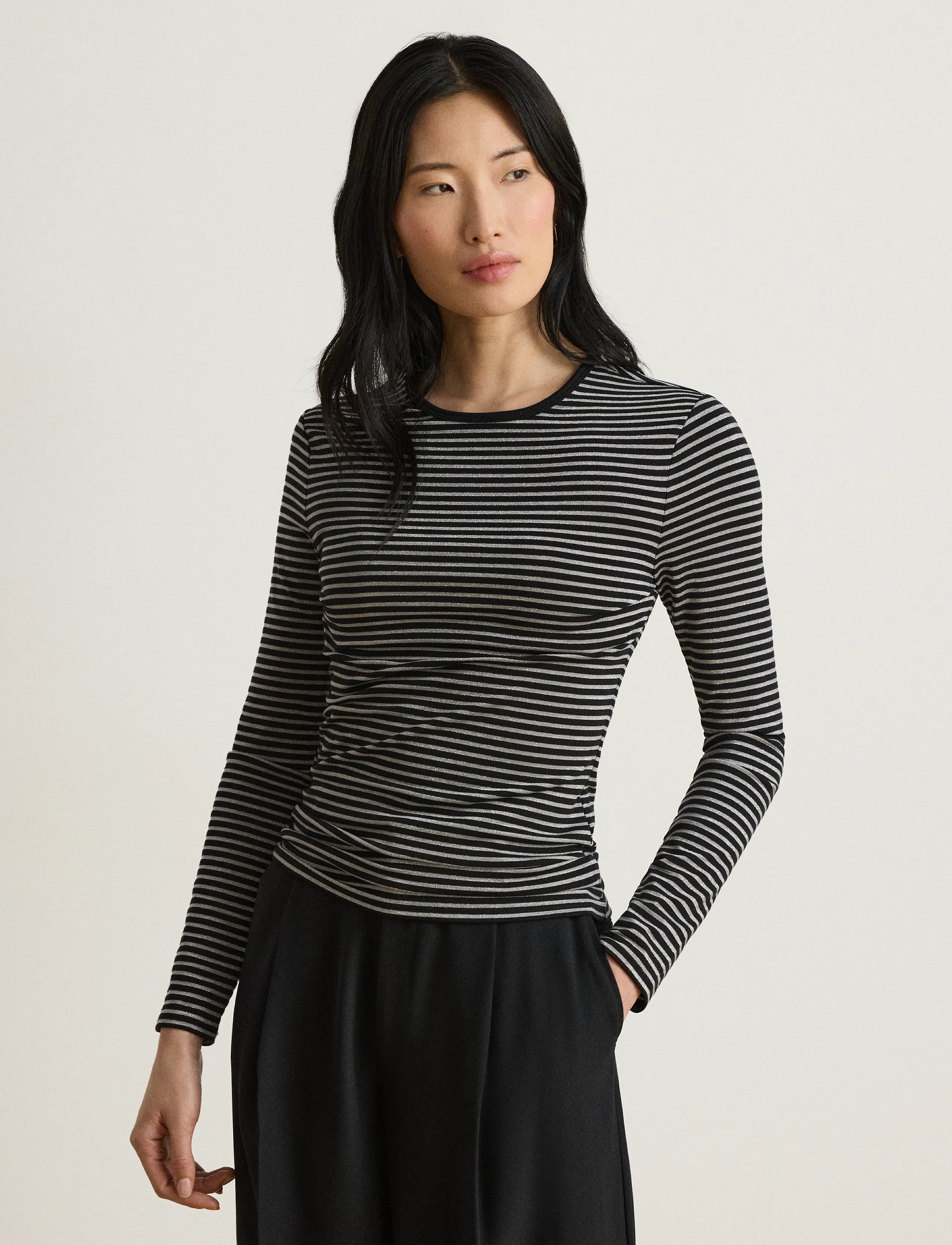Lauren Ralph Lauren Striped Cotton-Blend Long-Sleeve Tee - Långärmade toppar - BLACK/PEWTER / black