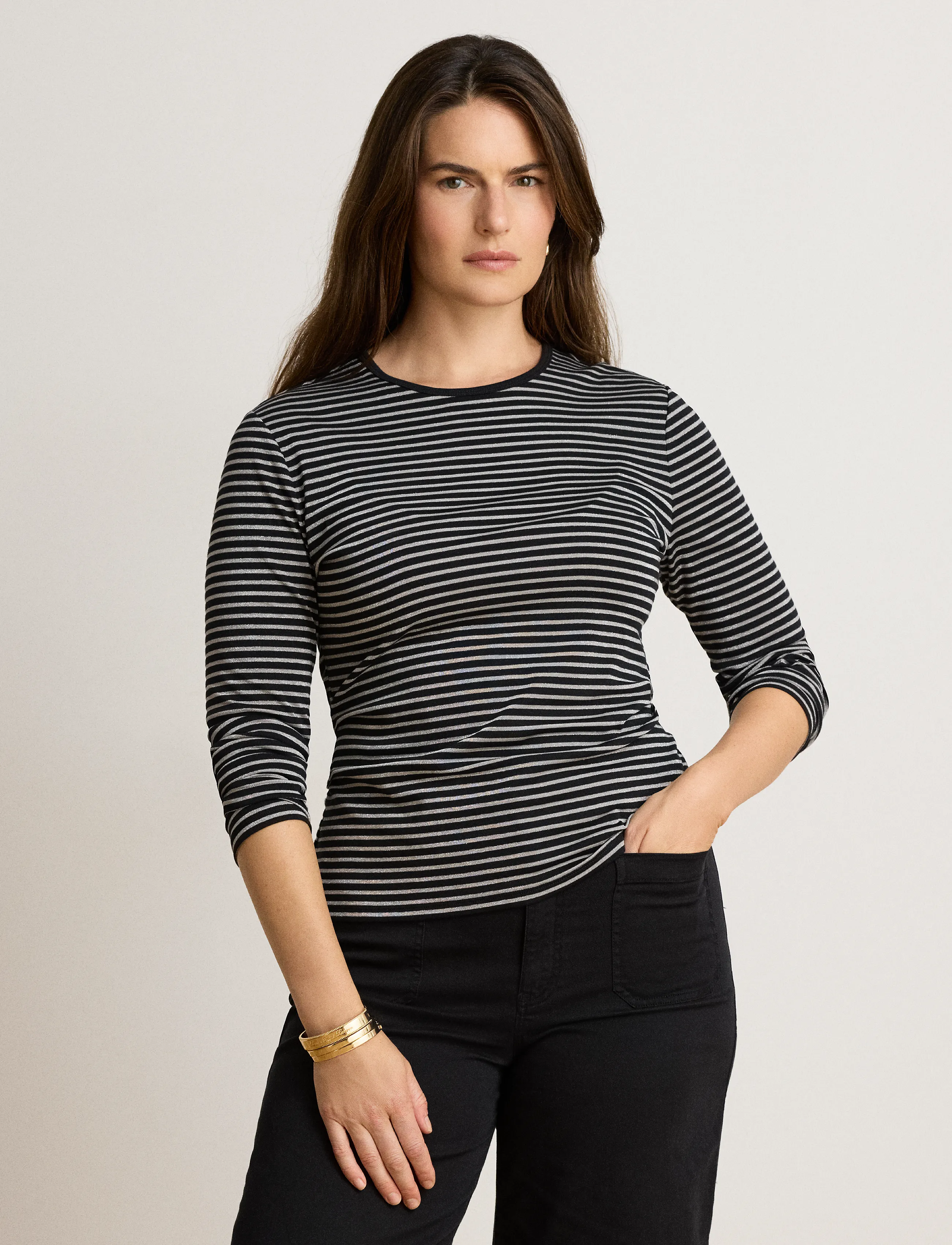 Lauren Ralph Lauren - Striped Cotton-Blend Long-Sleeve Tee - black/pewter - 4