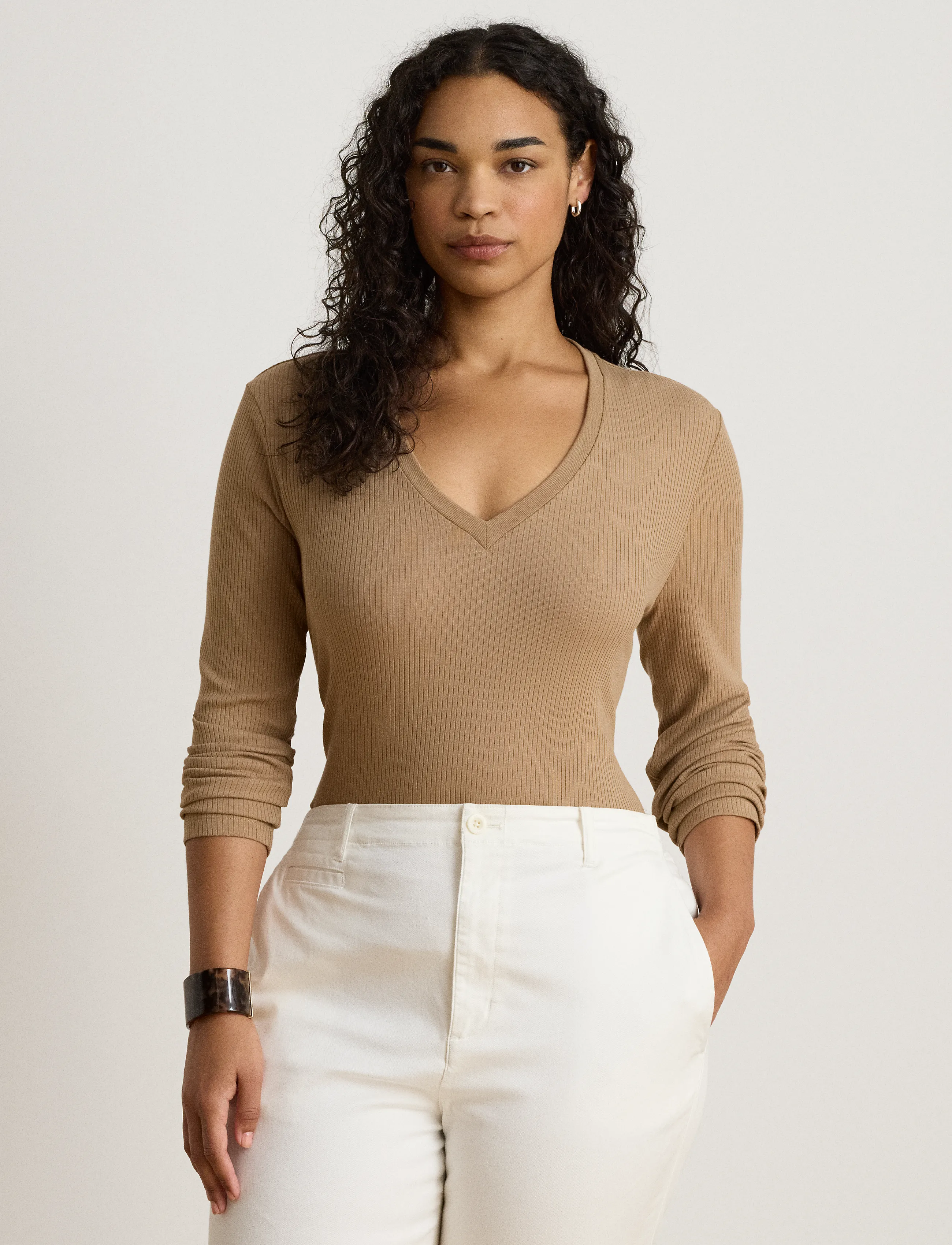 Lauren Ralph Lauren Rib-Knit Long-Sleeve V-Neck Top - Autumn/Winter 2026 - LAUREN CAMEL / brown
