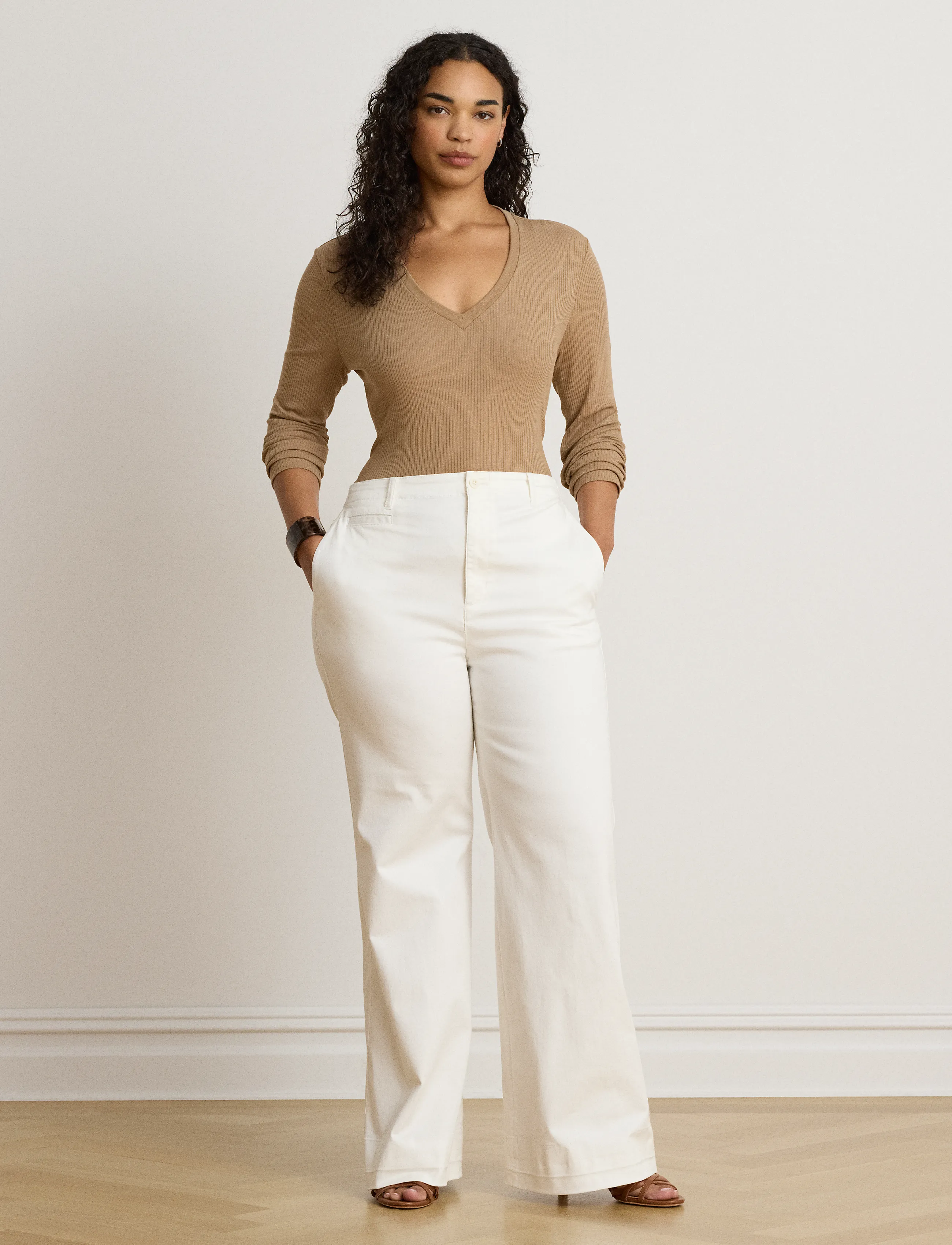 Lauren Ralph Lauren - Rib-Knit Long-Sleeve V-Neck Top - kampsunid - lauren camel - 4