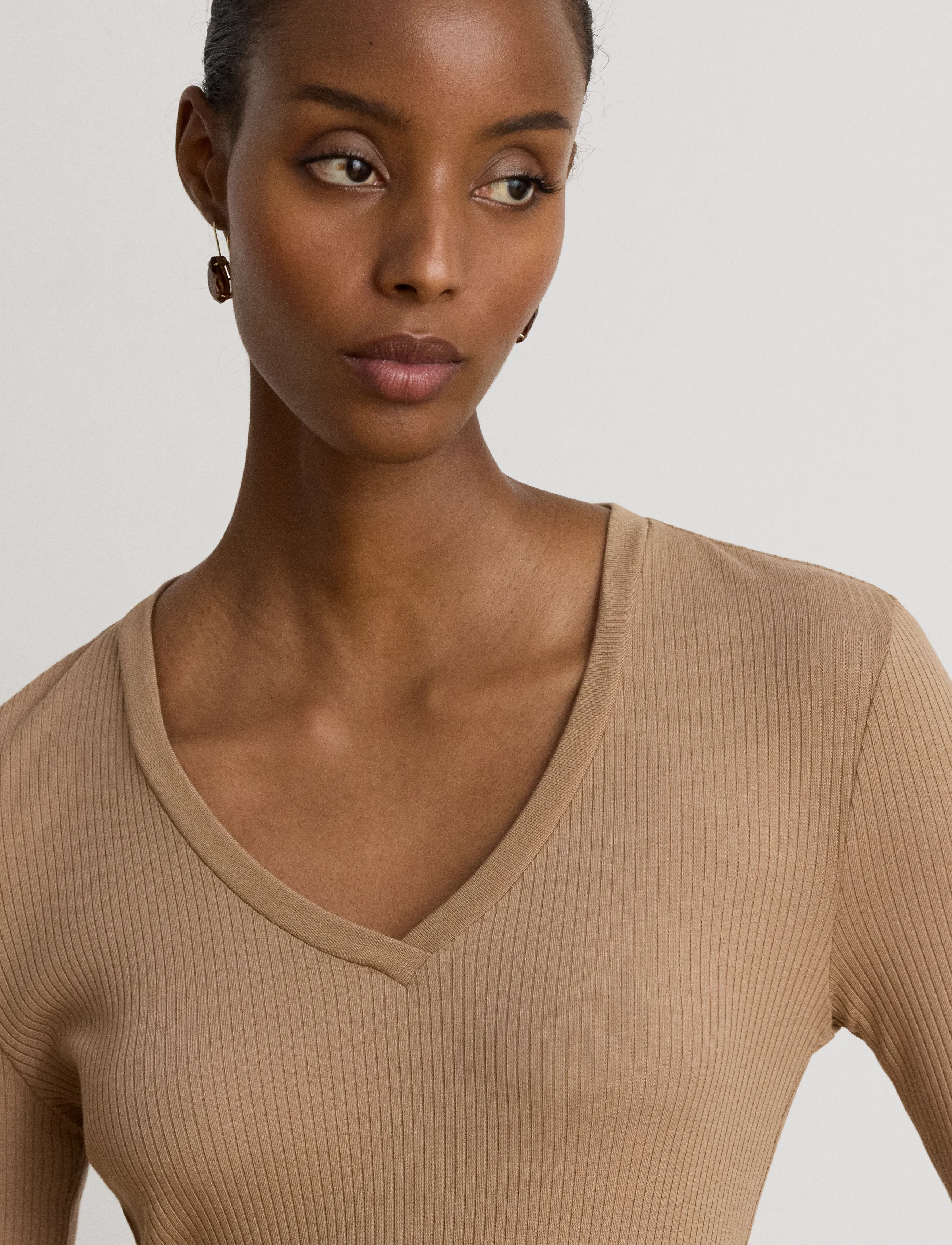 Lauren Ralph Lauren - Rib-Knit Long-Sleeve V-Neck Top - kampsunid - lauren camel - 5