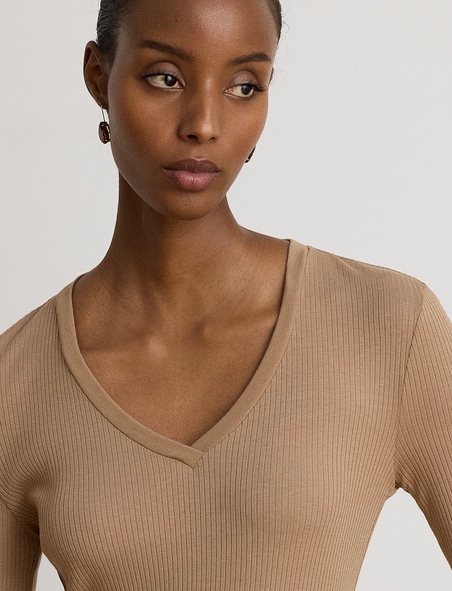 Lauren Ralph Lauren - Rib-Knit Long-Sleeve V-Neck Top - kampsunid - lauren camel - 5