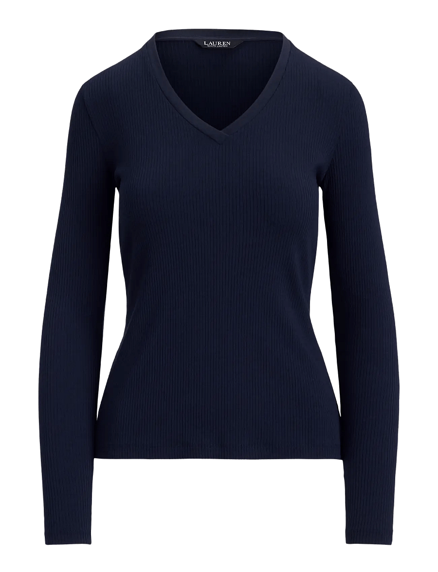 Lauren Ralph Lauren - Rib-Knit Long-Sleeve V-Neck Top - striktrøjer - lauren navy - 1