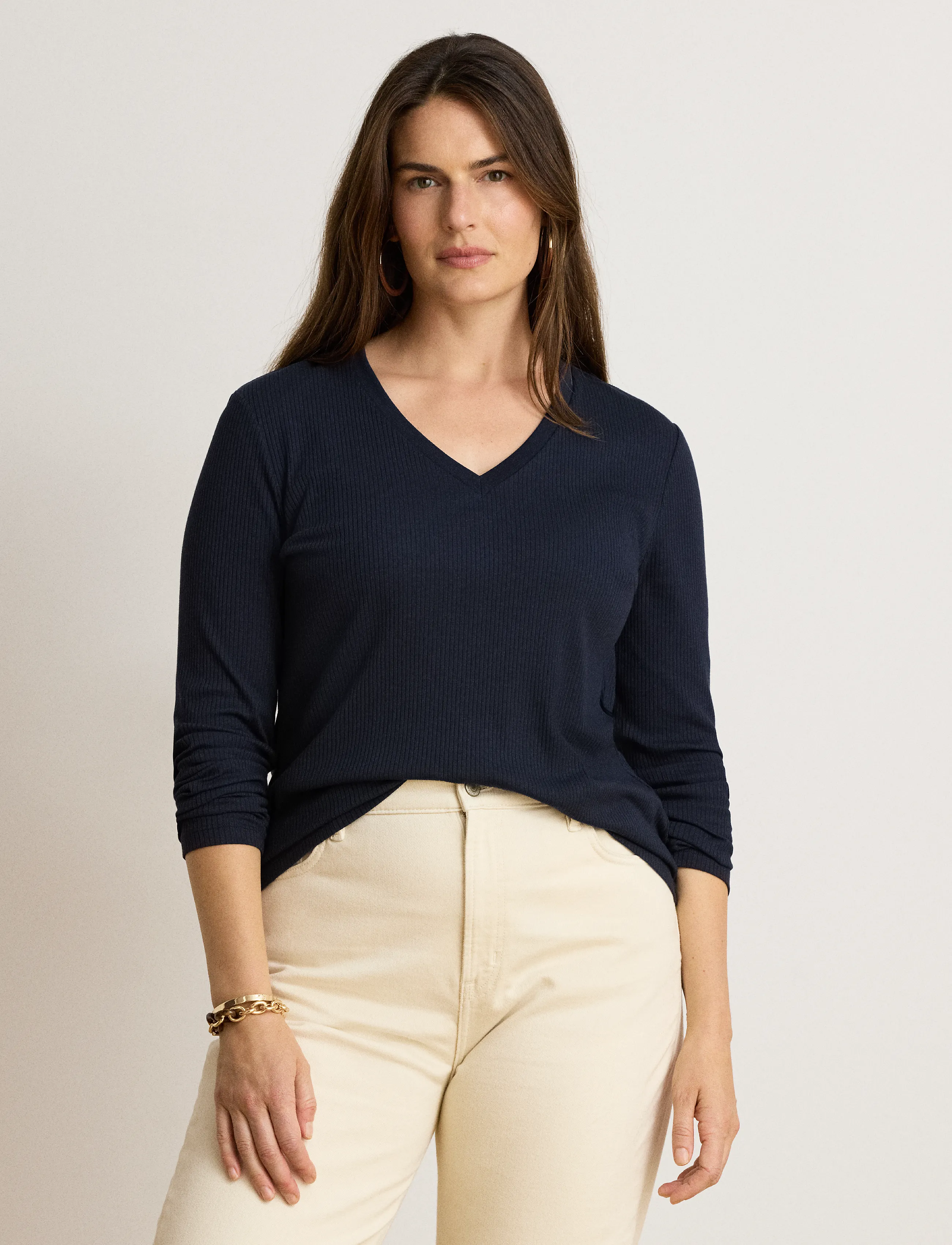Lauren Ralph Lauren Rib-Knit Long-Sleeve V-Neck Top - Lauren Ralph Lauren - LAUREN NAVY / navy