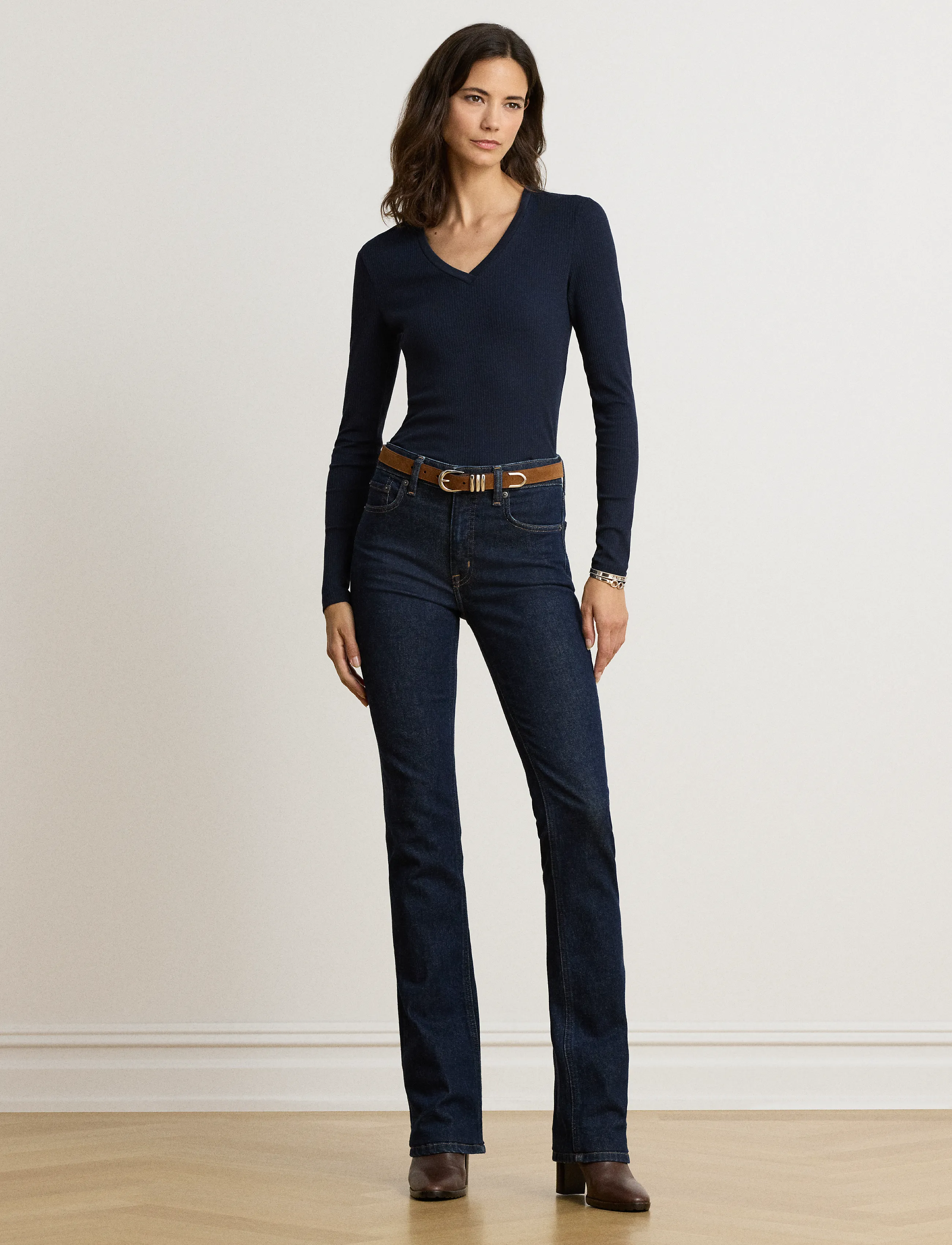 Lauren Ralph Lauren - Rib-Knit Long-Sleeve V-Neck Top - striktrøjer - lauren navy - 4