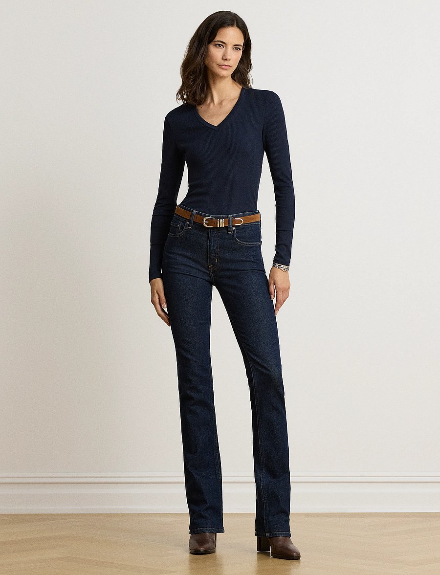 Lauren Ralph Lauren - Rib-Knit Long-Sleeve V-Neck Top - striktrøjer - lauren navy - 4