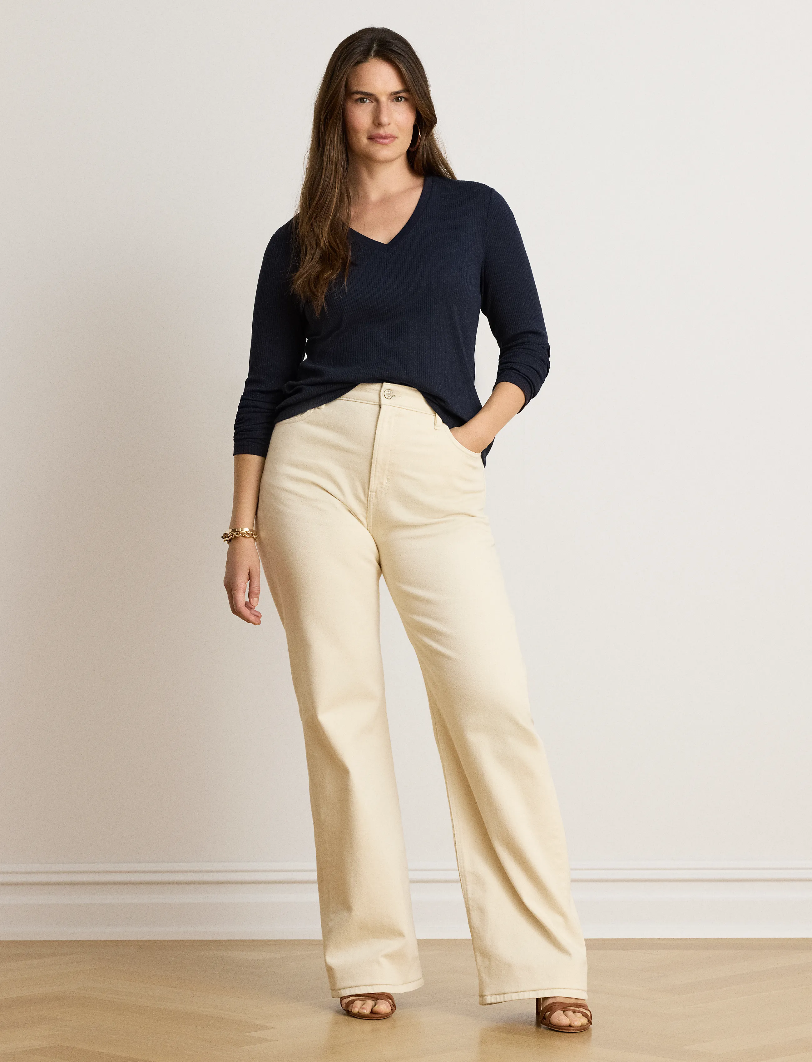 Lauren Ralph Lauren - Rib-Knit Long-Sleeve V-Neck Top - striktrøjer - lauren navy - 5