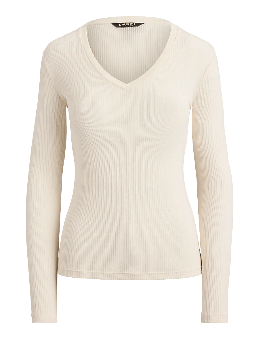 Lauren Ralph Lauren - Rib-Knit Long-Sleeve V-Neck Top - striktrøjer - mascarpone cream - 1