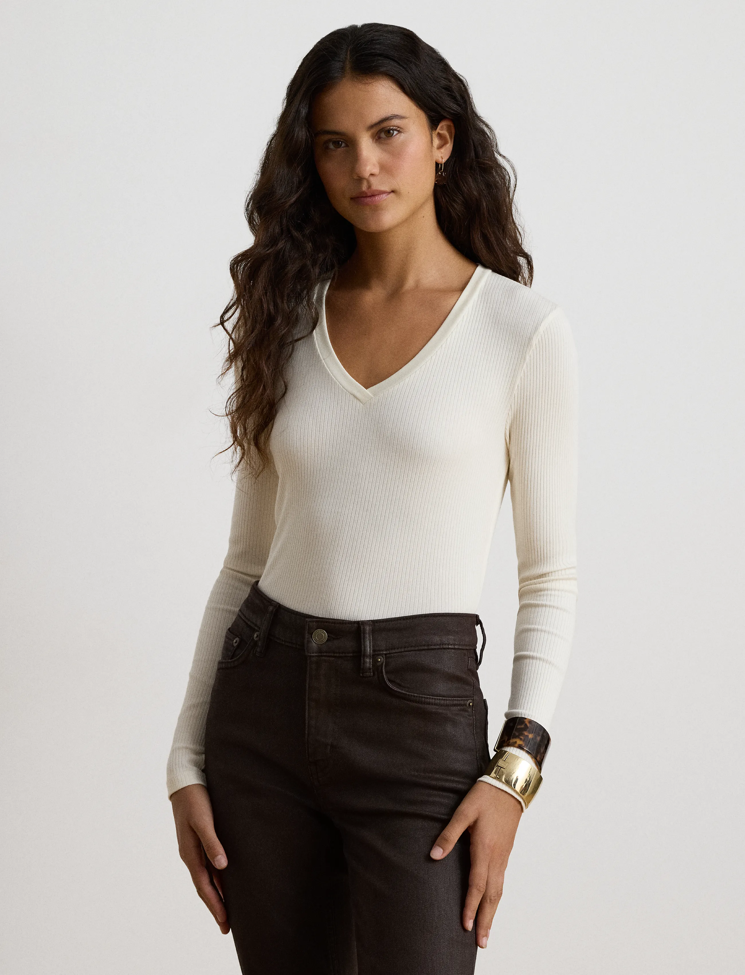 Lauren Ralph Lauren Rib-Knit Long-Sleeve V-Neck Top - Ralph Lauren - MASCARPONE CREAM / cream