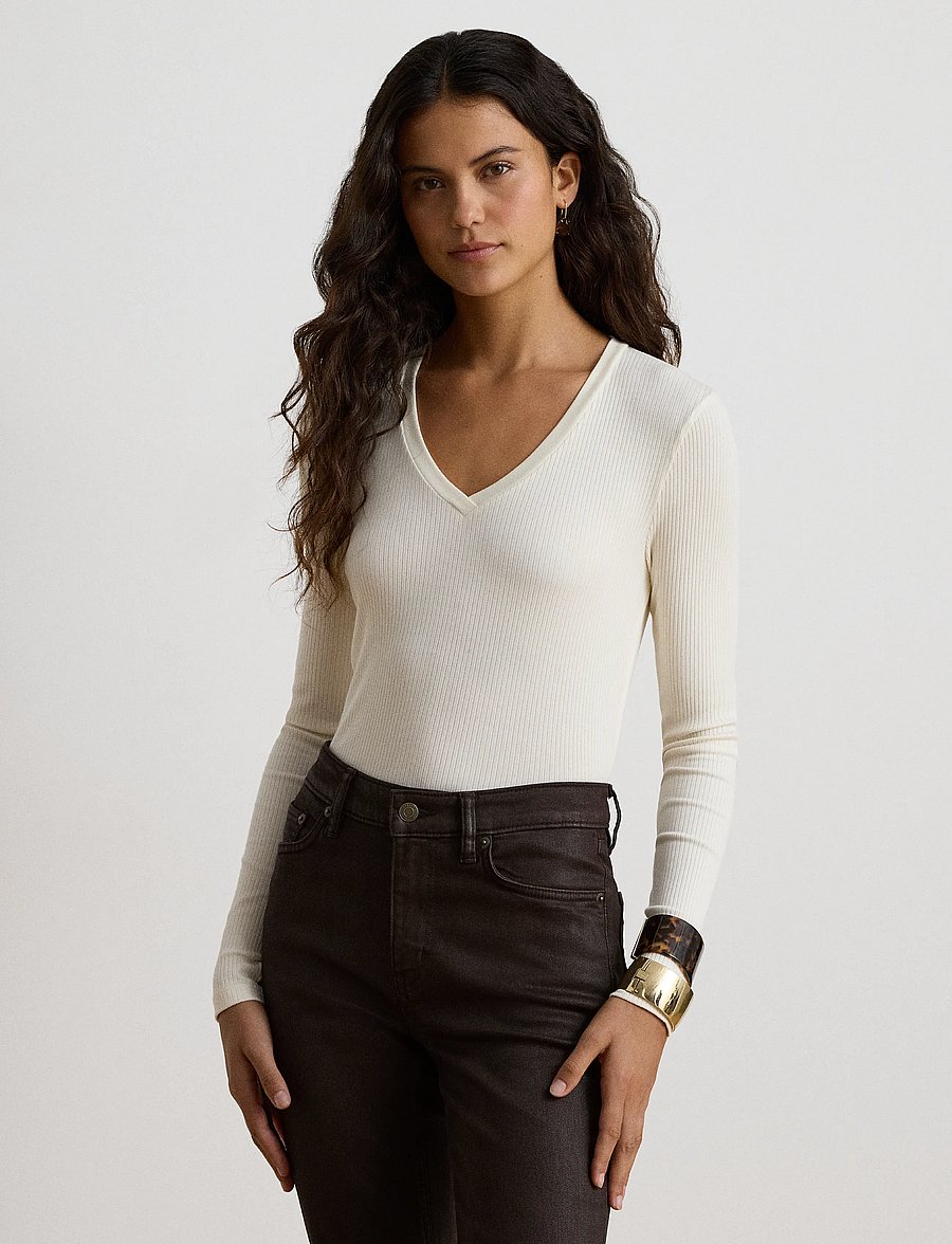 Lauren Ralph Lauren - Rib-Knit Long-Sleeve V-Neck Top - striktrøjer - mascarpone cream - 0