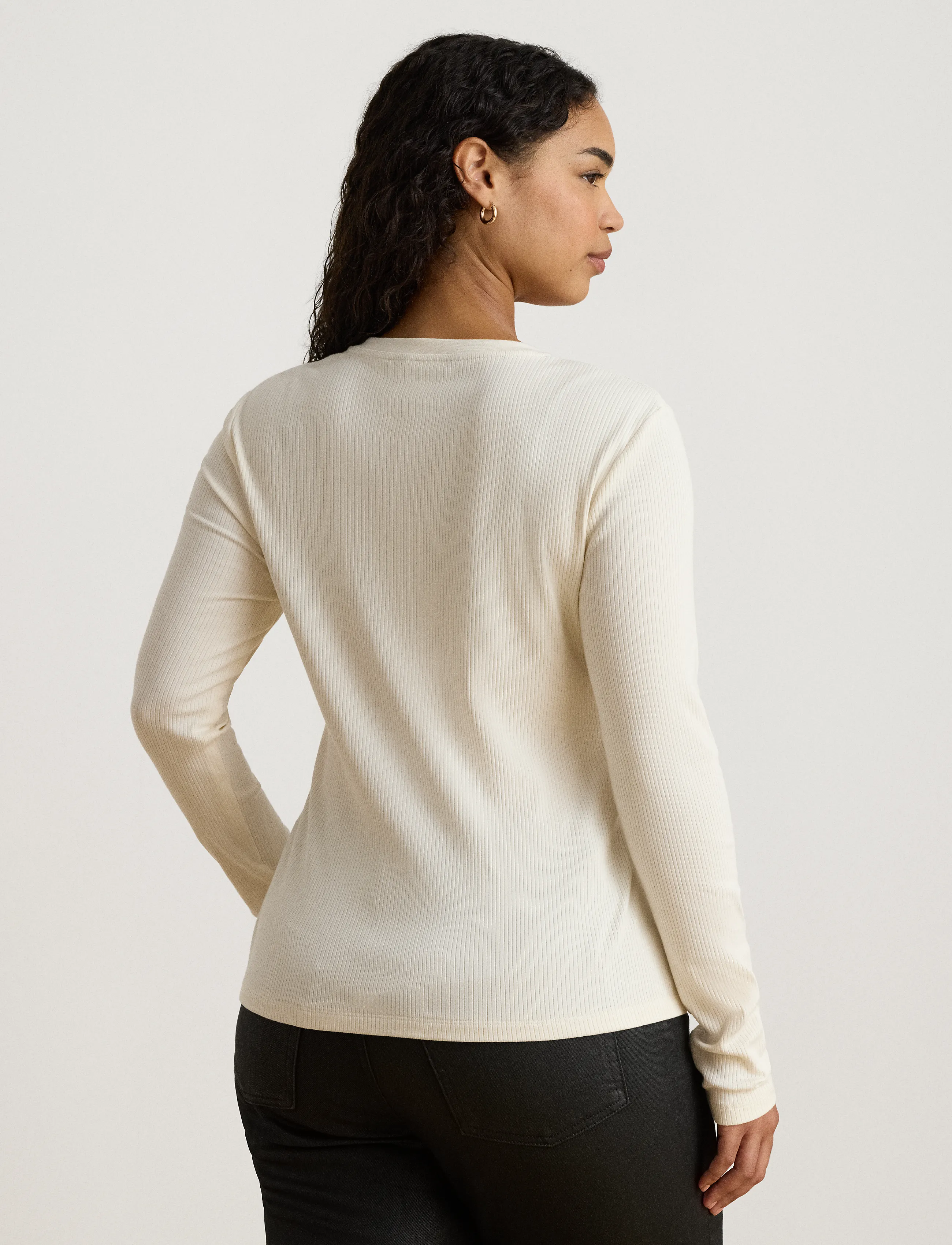 Lauren Ralph Lauren - Rib-Knit Long-Sleeve V-Neck Top - striktrøjer - mascarpone cream - 2