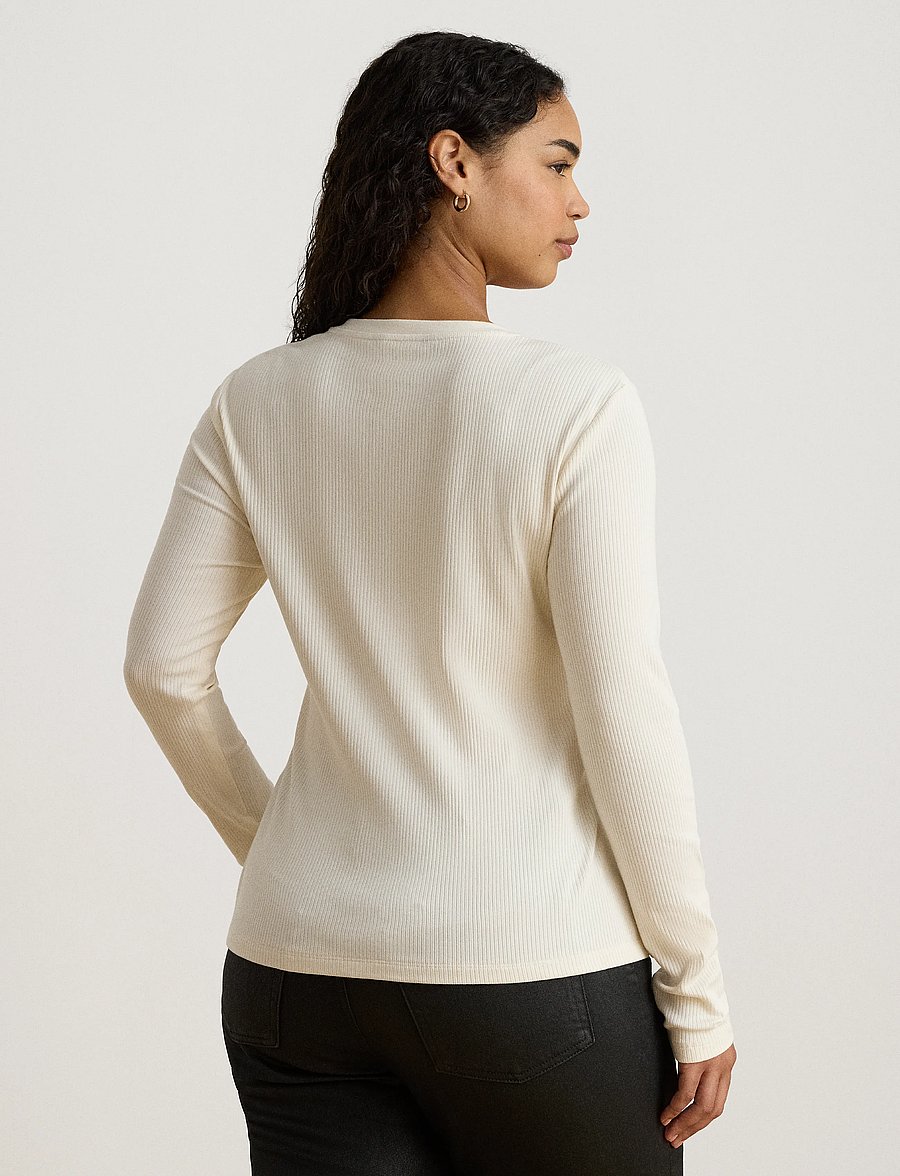 Lauren Ralph Lauren - Rib-Knit Long-Sleeve V-Neck Top - striktrøjer - mascarpone cream - 2