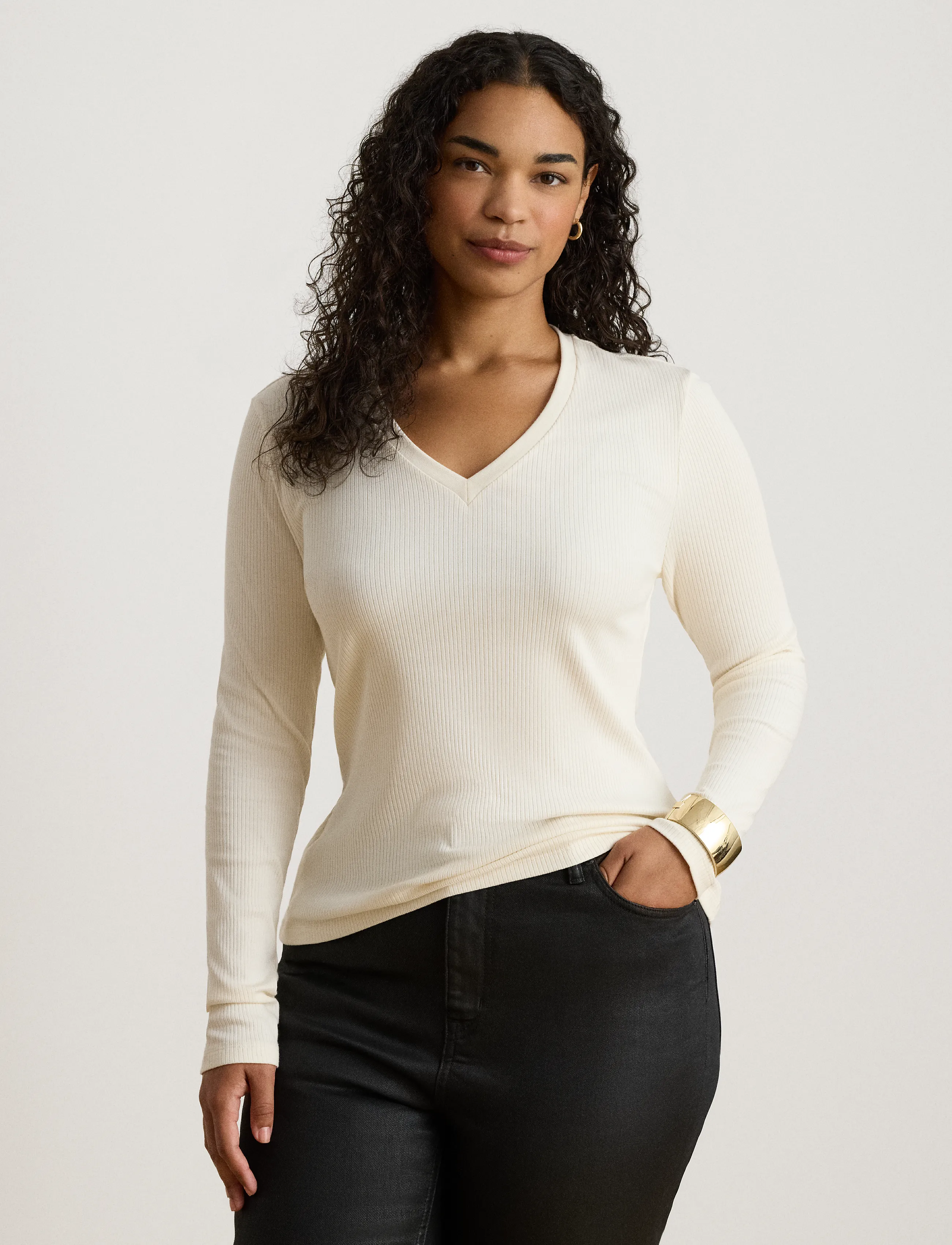 Lauren Ralph Lauren - Rib-Knit Long-Sleeve V-Neck Top - striktrøjer - mascarpone cream - 3