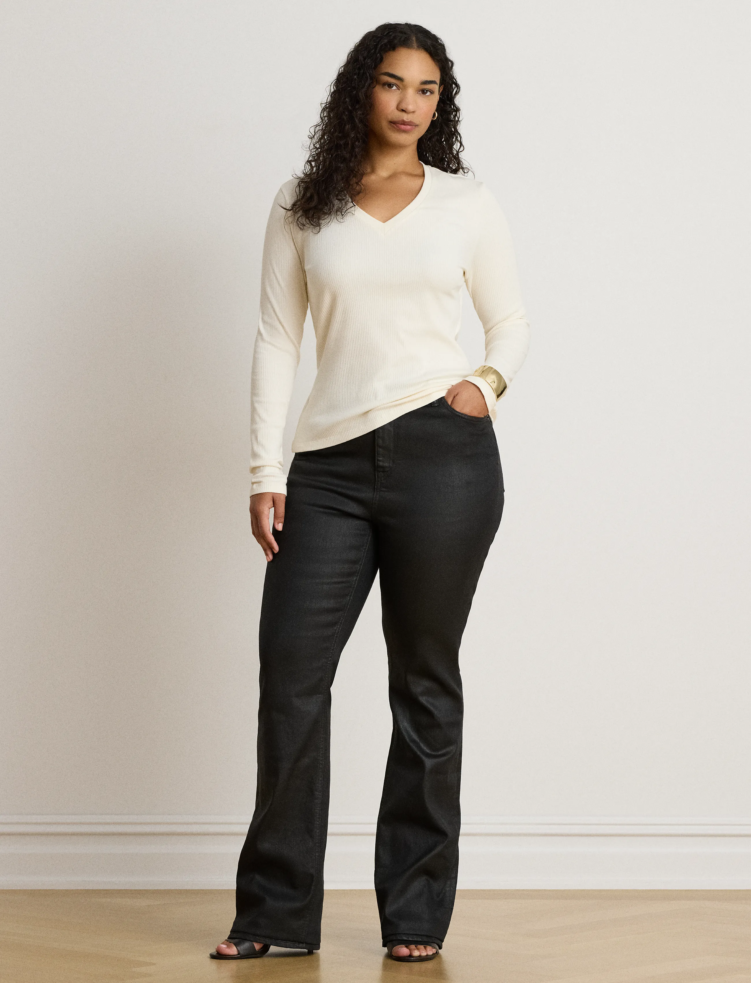 Lauren Ralph Lauren - Rib-Knit Long-Sleeve V-Neck Top - striktrøjer - mascarpone cream - 4