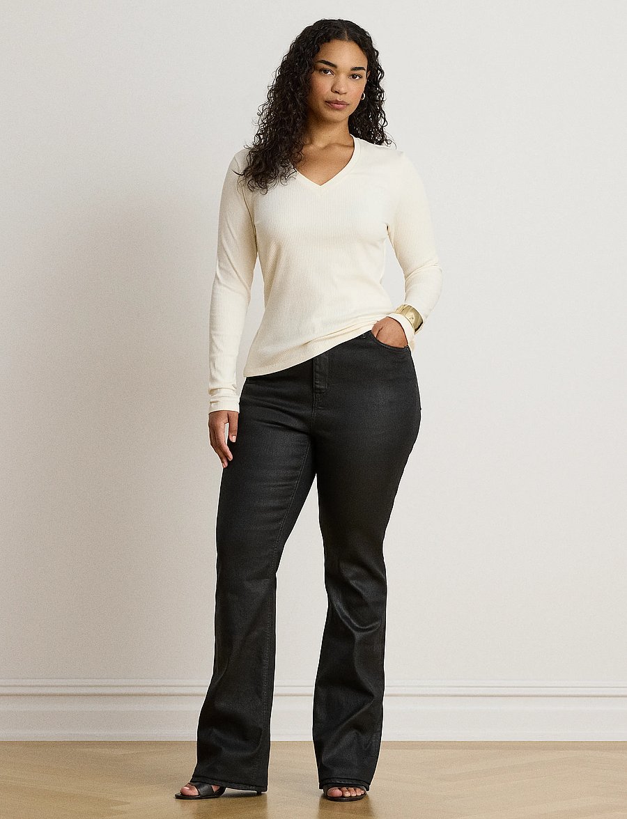 Lauren Ralph Lauren - Rib-Knit Long-Sleeve V-Neck Top - striktrøjer - mascarpone cream - 4