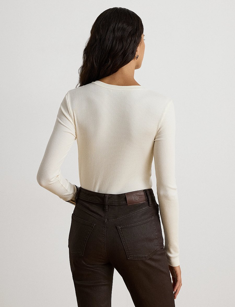 Lauren Ralph Lauren - Rib-Knit Long-Sleeve V-Neck Top - striktrøjer - mascarpone cream - 5