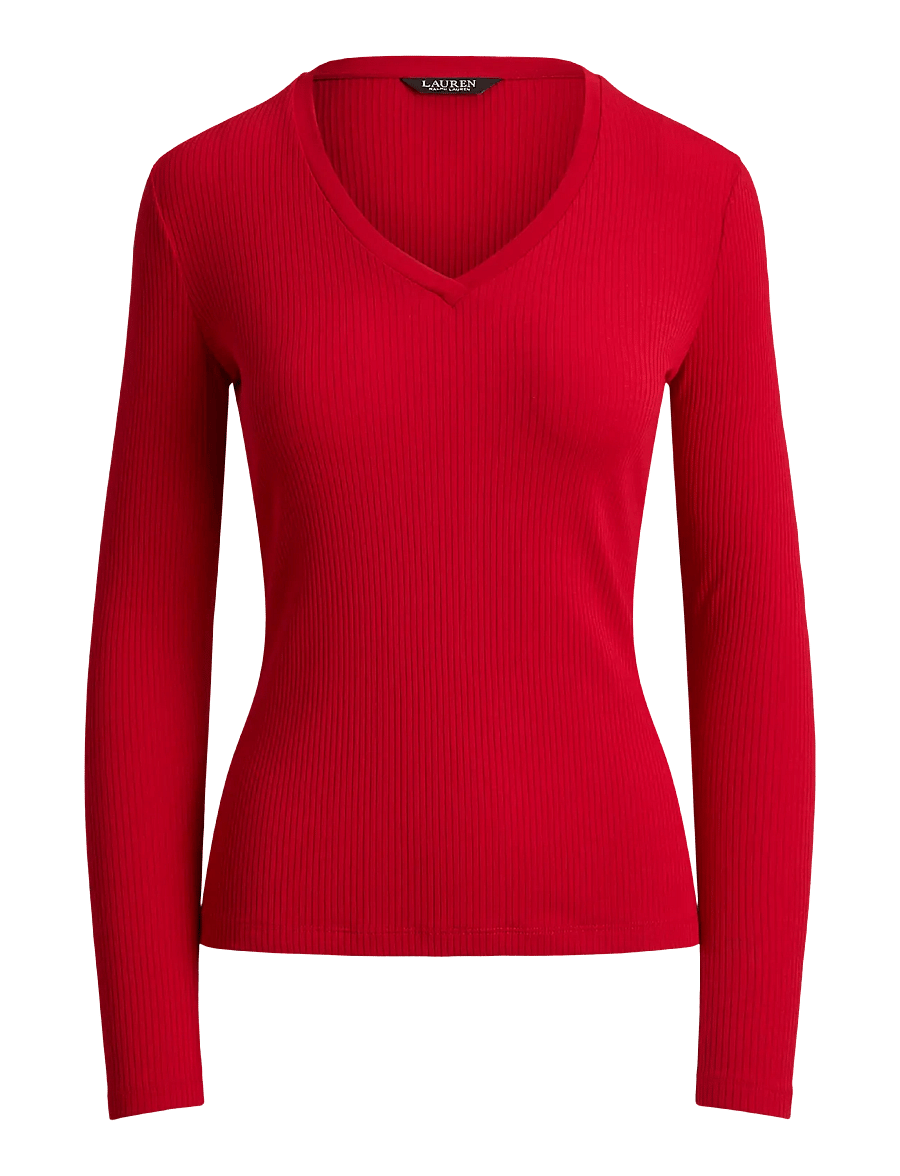 Lauren Ralph Lauren - Rib-Knit Long-Sleeve V-Neck Top - striktrøjer - ralph red - 0