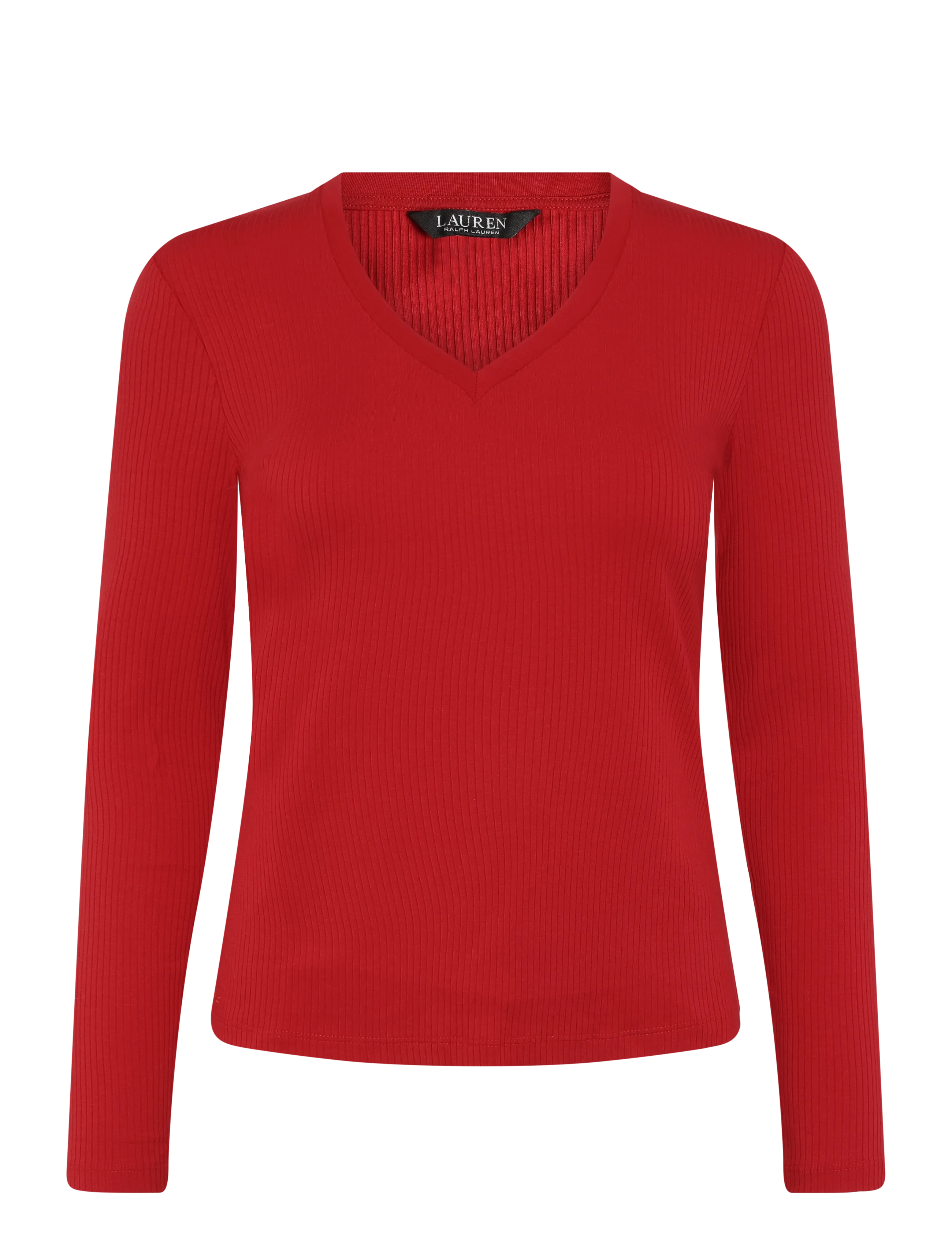 Lauren Ralph Lauren Rib-Knit Long-Sleeve V-Neck Top - Gemütliches Zuhause - RALPH RED / red