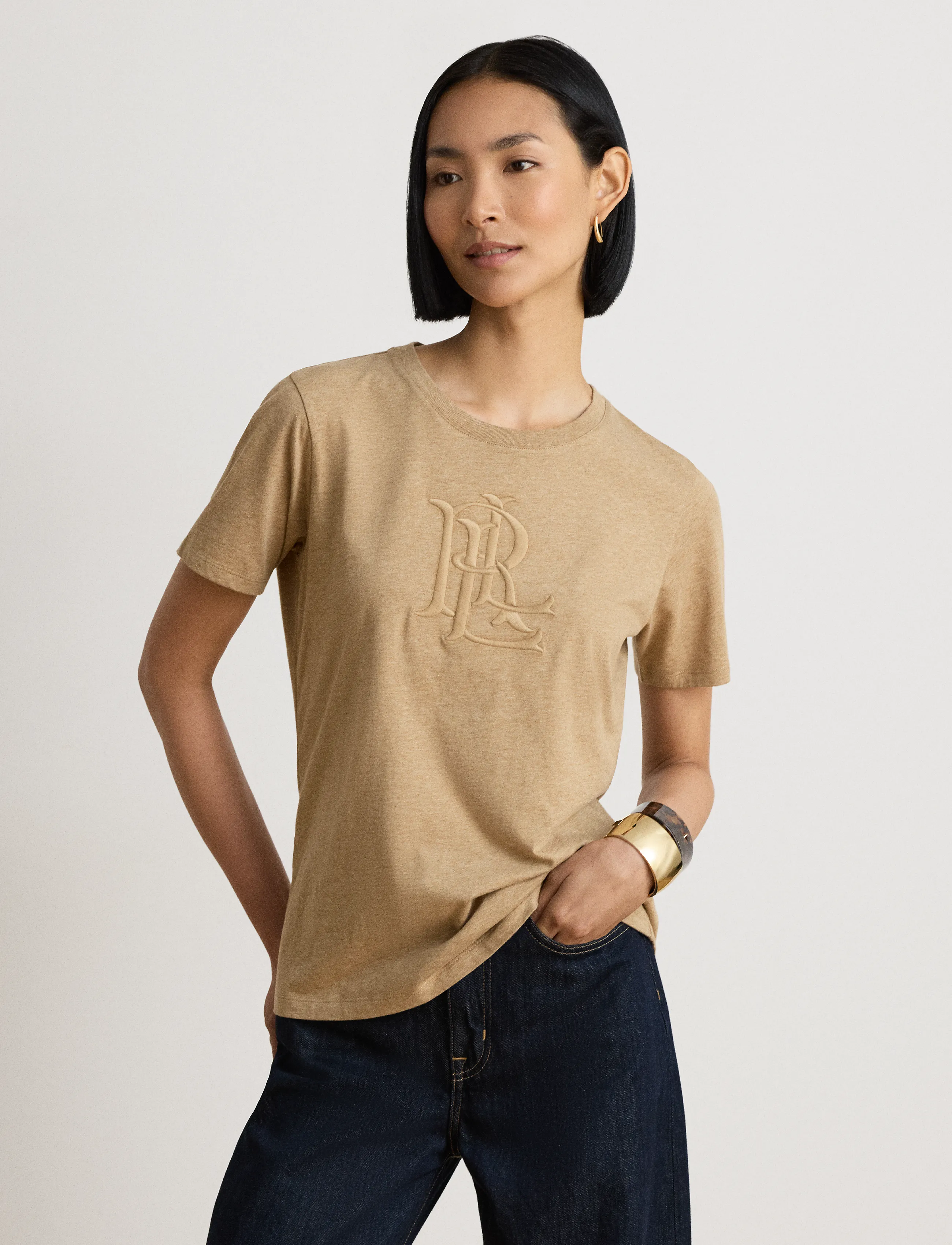 Lauren Ralph Lauren COTTON JERSEY TDH-KNT-T-SHIRT - T-Shirts & Tops - CAMEL HEATHER / brown