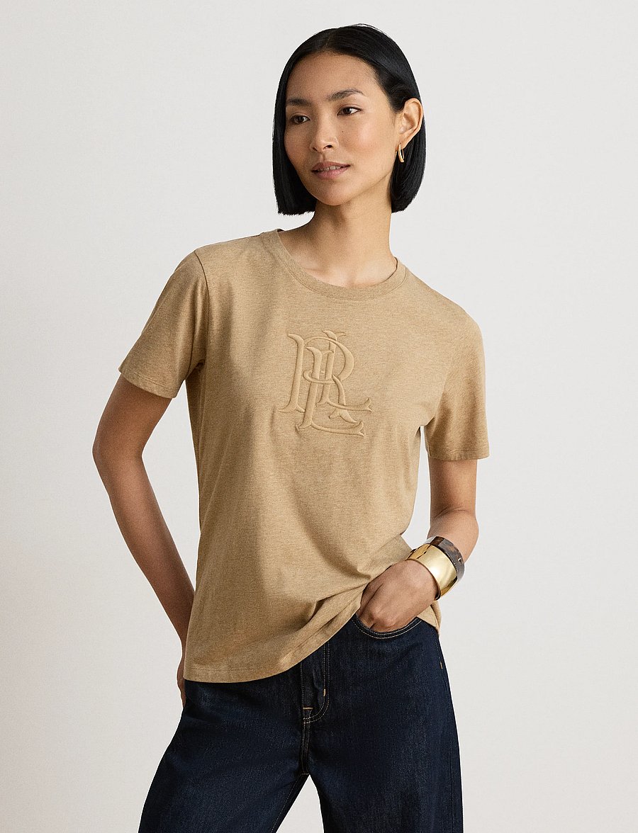 Lauren Ralph Lauren - Embroidered-Logo Heathered Jersey Tee - t-shirts - camel heather - 1