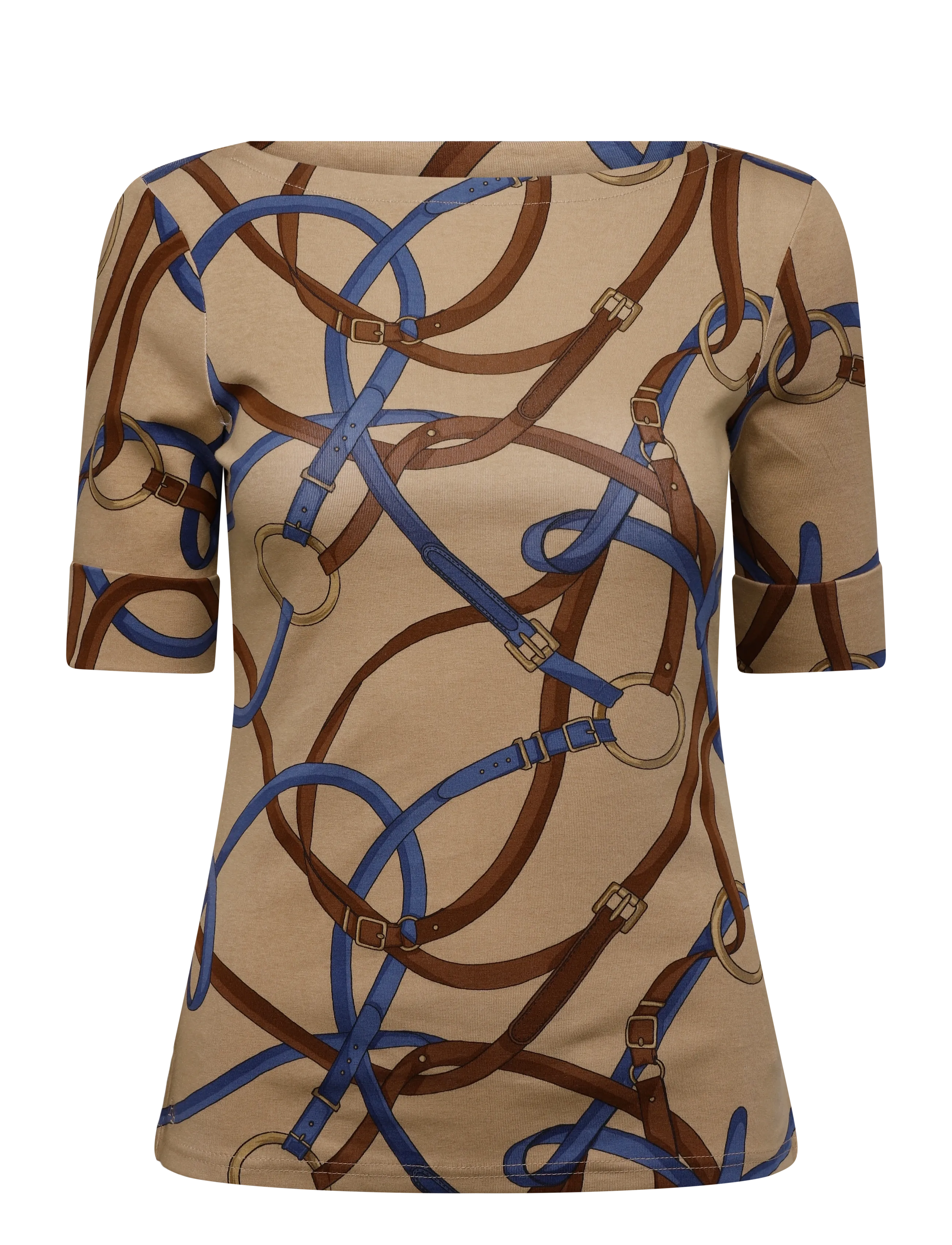 Lauren Ralph Lauren Belting-Print Cotton Boatneck Tee - T-shirts & Toppar - CAMEL MULTI / beige