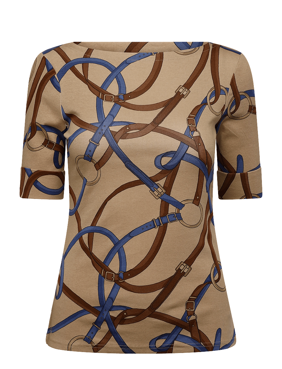 Lauren Ralph Lauren - Belting-Print Cotton Boatneck Tee - t-shirts - camel multi - 1