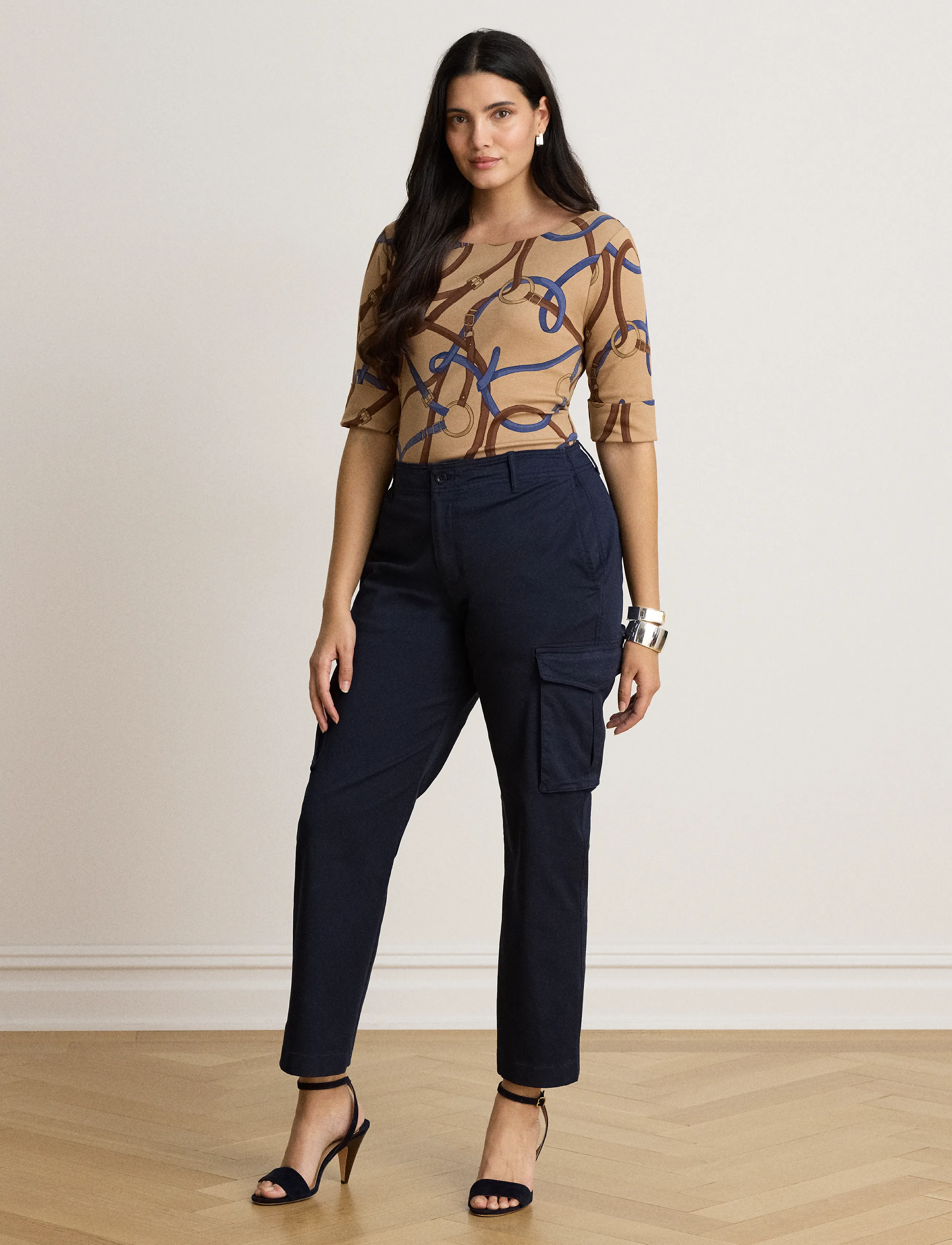 Lauren Ralph Lauren - Belting-Print Cotton Boatneck Tee - t-shirts - camel multi - 4