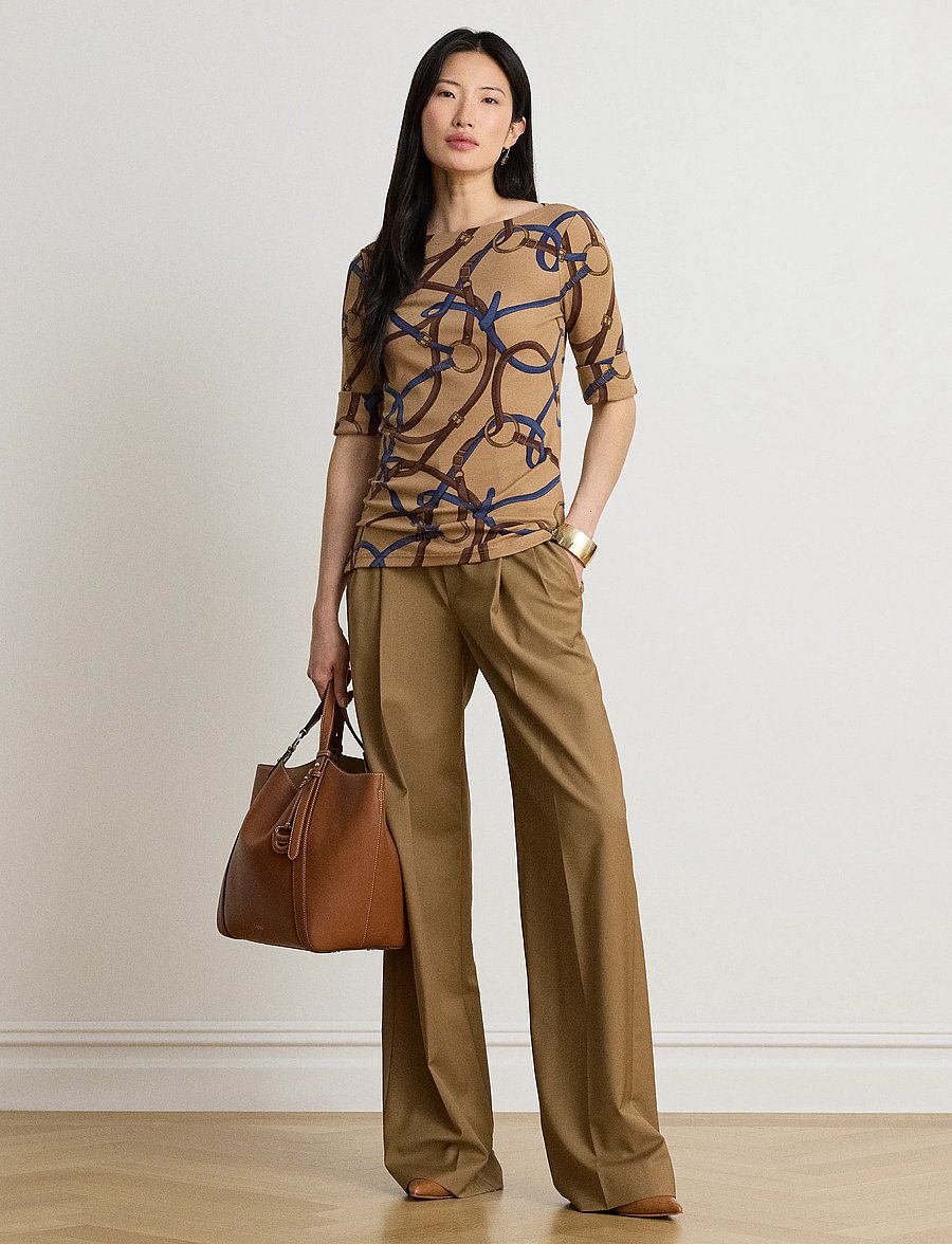 Lauren Ralph Lauren - Belting-Print Cotton Boatneck Tee - t-shirts - camel multi - 5