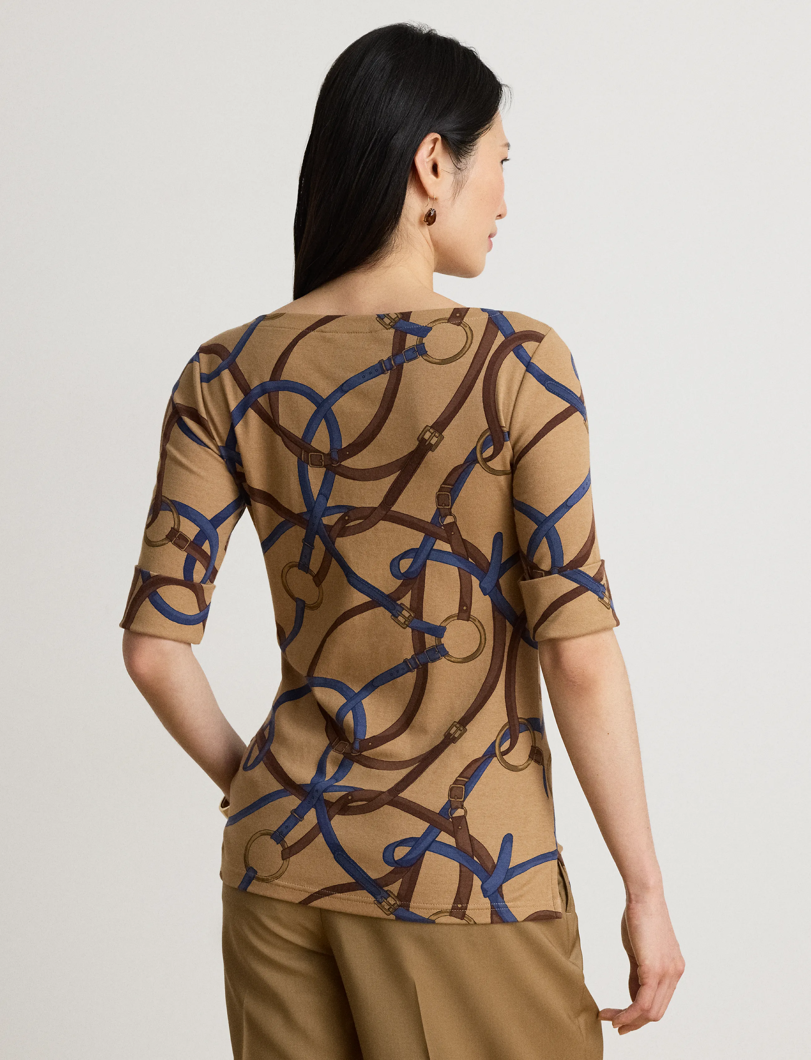 Lauren Ralph Lauren Belting-Print Cotton Boatneck Tee - Lauren Ralph Lauren - CAMEL MULTI / beige