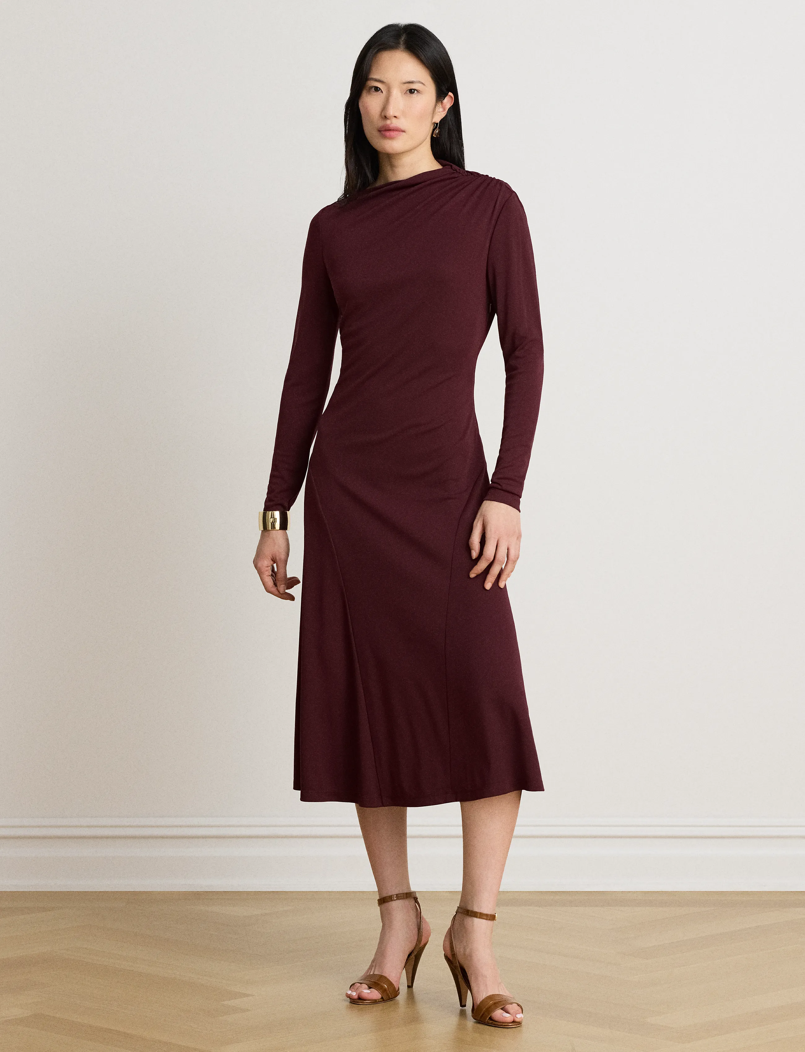 Lauren Ralph Lauren Asymmetrical Stretch Jersey Midi Dress - Lauren Ralph Lauren - DARK GARNET / burgundy