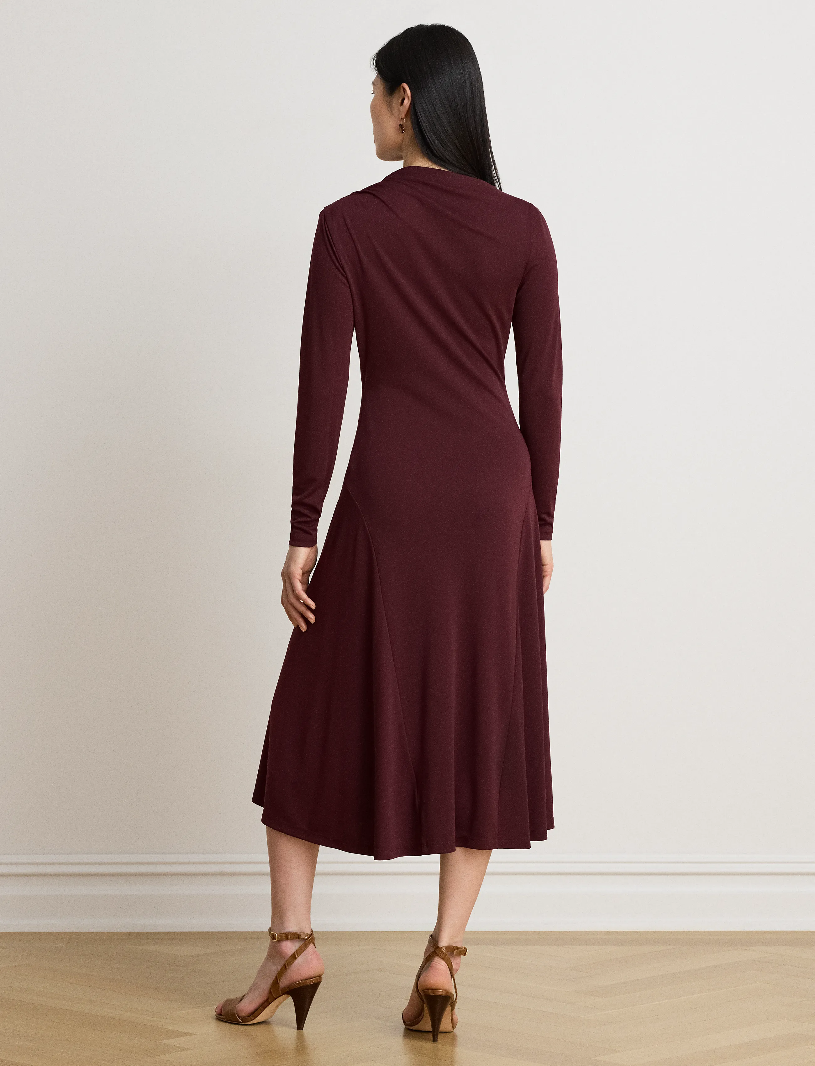Lauren Ralph Lauren - Asymmetrical Stretch Jersey Midi Dress - dark garnet - 3