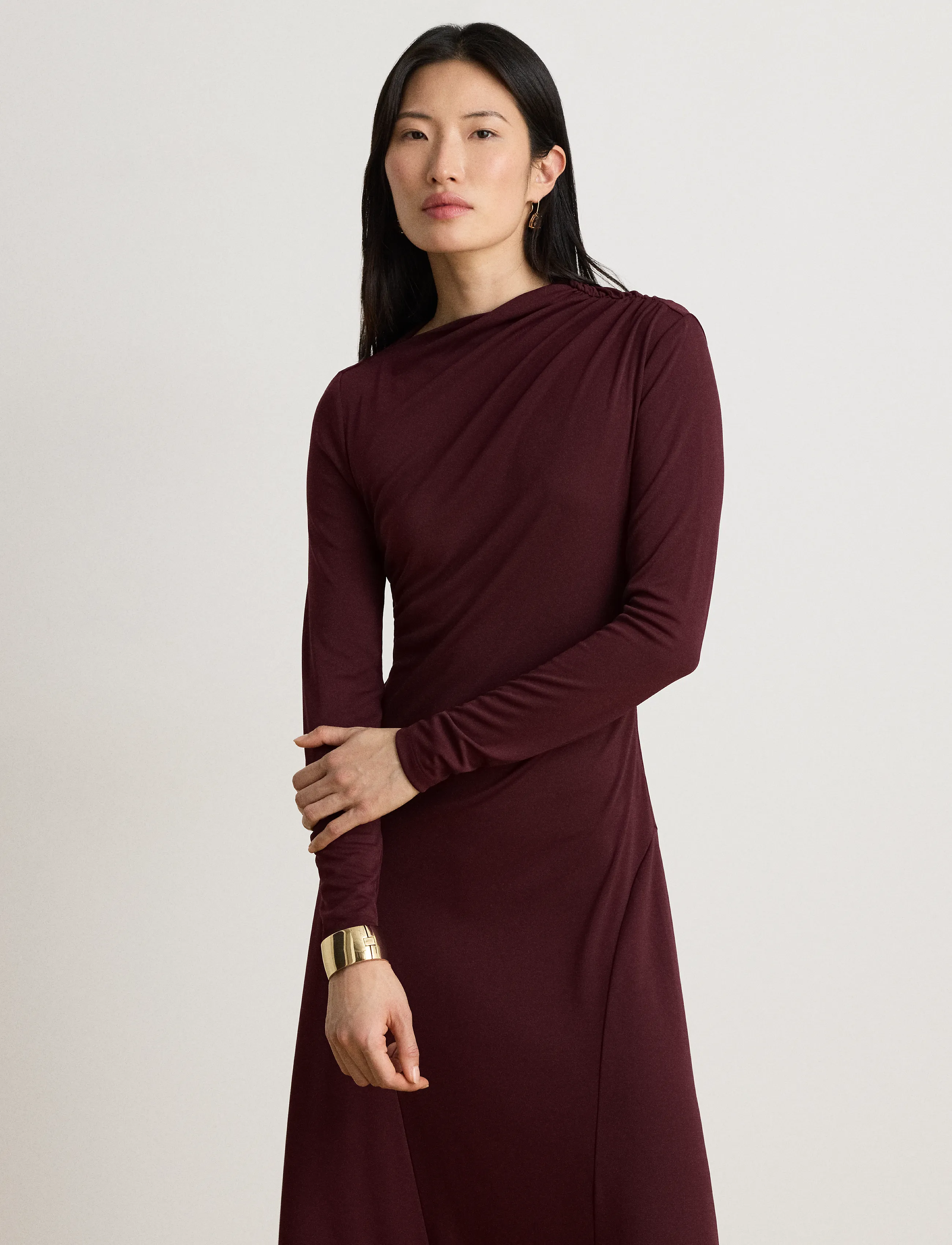 Lauren Ralph Lauren - Asymmetrical Stretch Jersey Midi Dress - dark garnet - 5