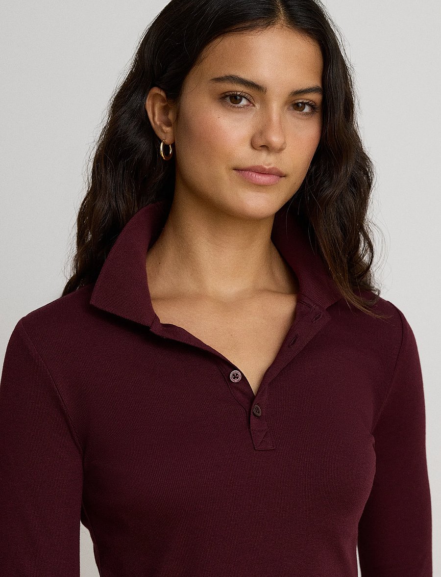 Lauren Ralph Lauren - Rib-Knit Long-Sleeve Polo Shirt - pikéer - dark garnet - 0