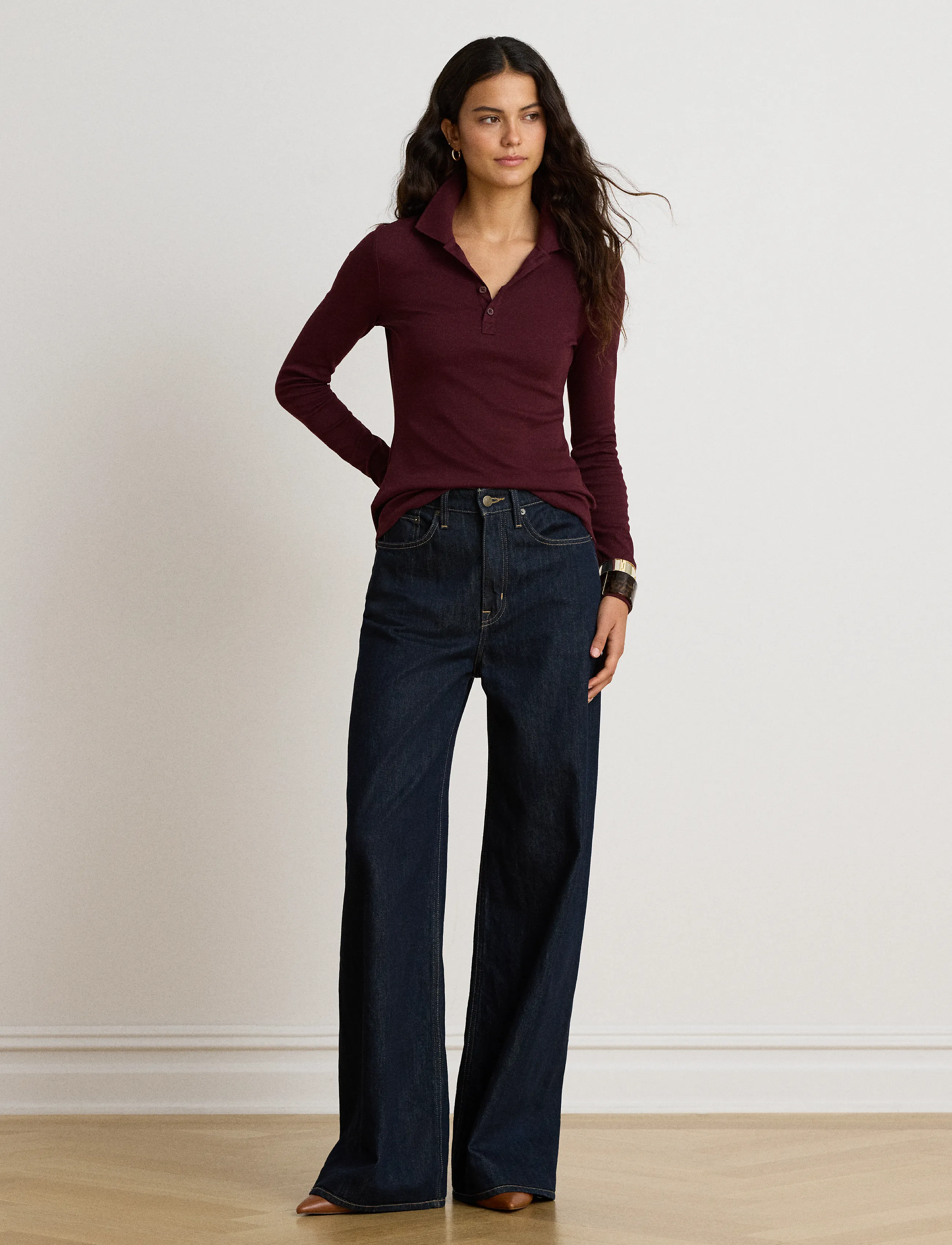Lauren Ralph Lauren - Rib-Knit Long-Sleeve Polo Shirt - pikéer - dark garnet - 4